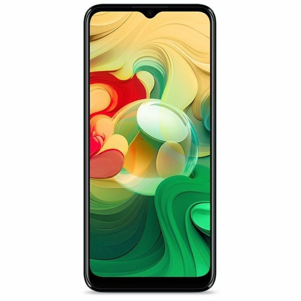 Uno smartphone con cornice nera mostra un'immagine astratta colorata con elementi verdi, gialli, rossi e bianchi.