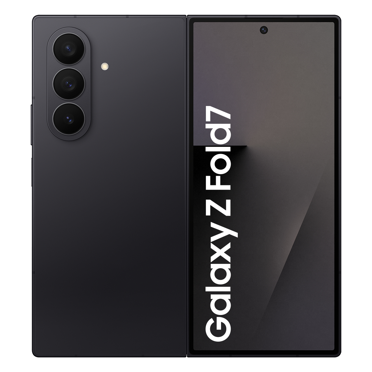 Siyah bir Samsung Galaxy Z Fold7 açık olarak gösteriliyor. Bir kamera dizilimi var ve ekran "Galaxy Z Fold7" yazıyor.