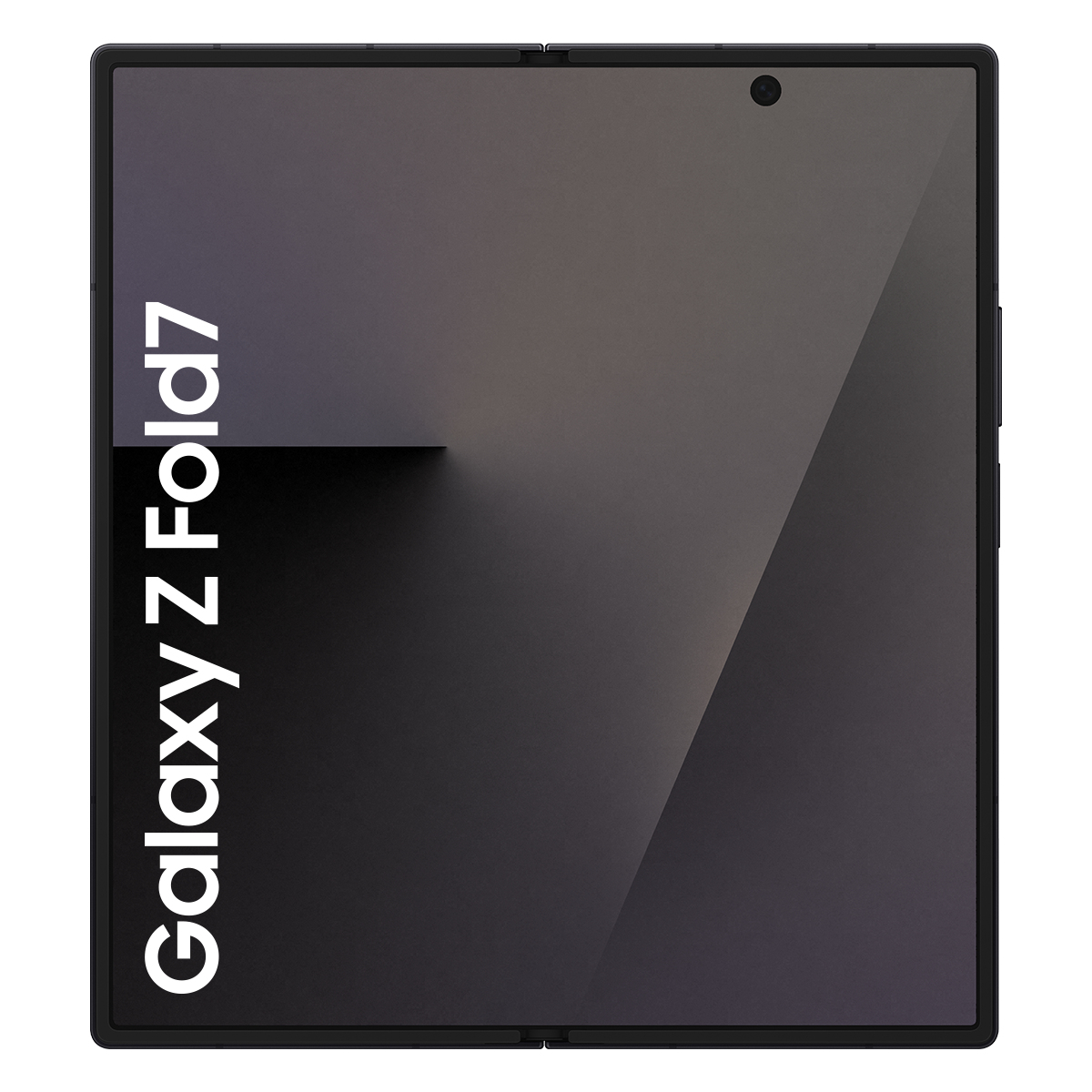 Beyaz zemin üzerinde katlanmış siyah bir Samsung Galaxy Z Fold7 telefonu. Telefonun ekranında Galaxy Z Fold7 logosu görünüyor.