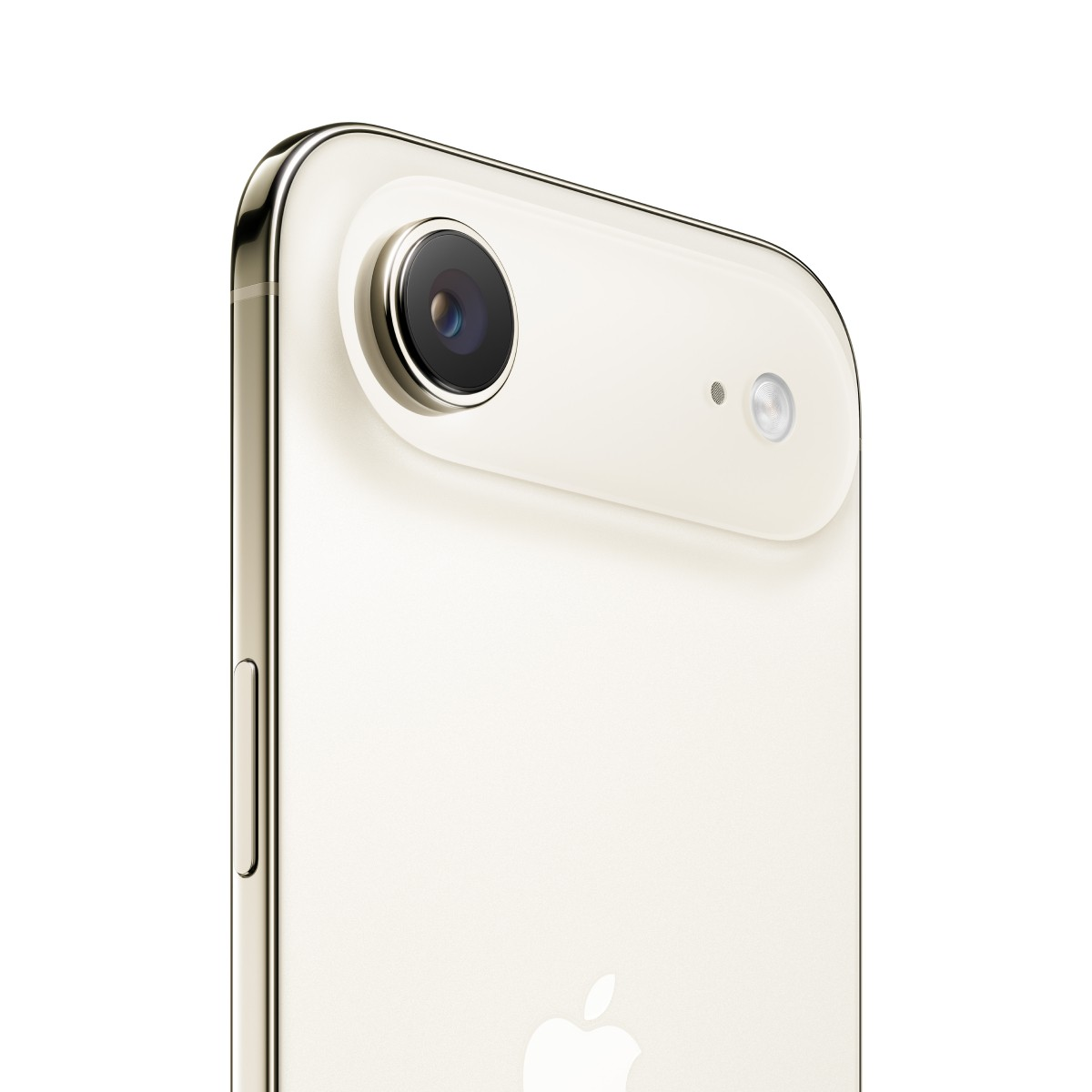 Primer plano de la parte trasera de un teléfono inteligente crema. Cuenta con una lente de cámara, flash y el logotipo de Apple. El borde es metálico.