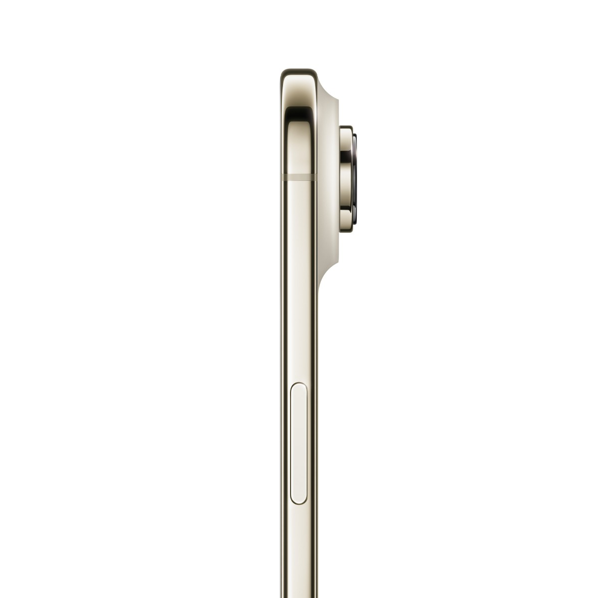 Vista lateral de un smartphone dorado. El bulto de la cámara es visible. Un botón de volumen está en el lateral. El fondo es blanco.