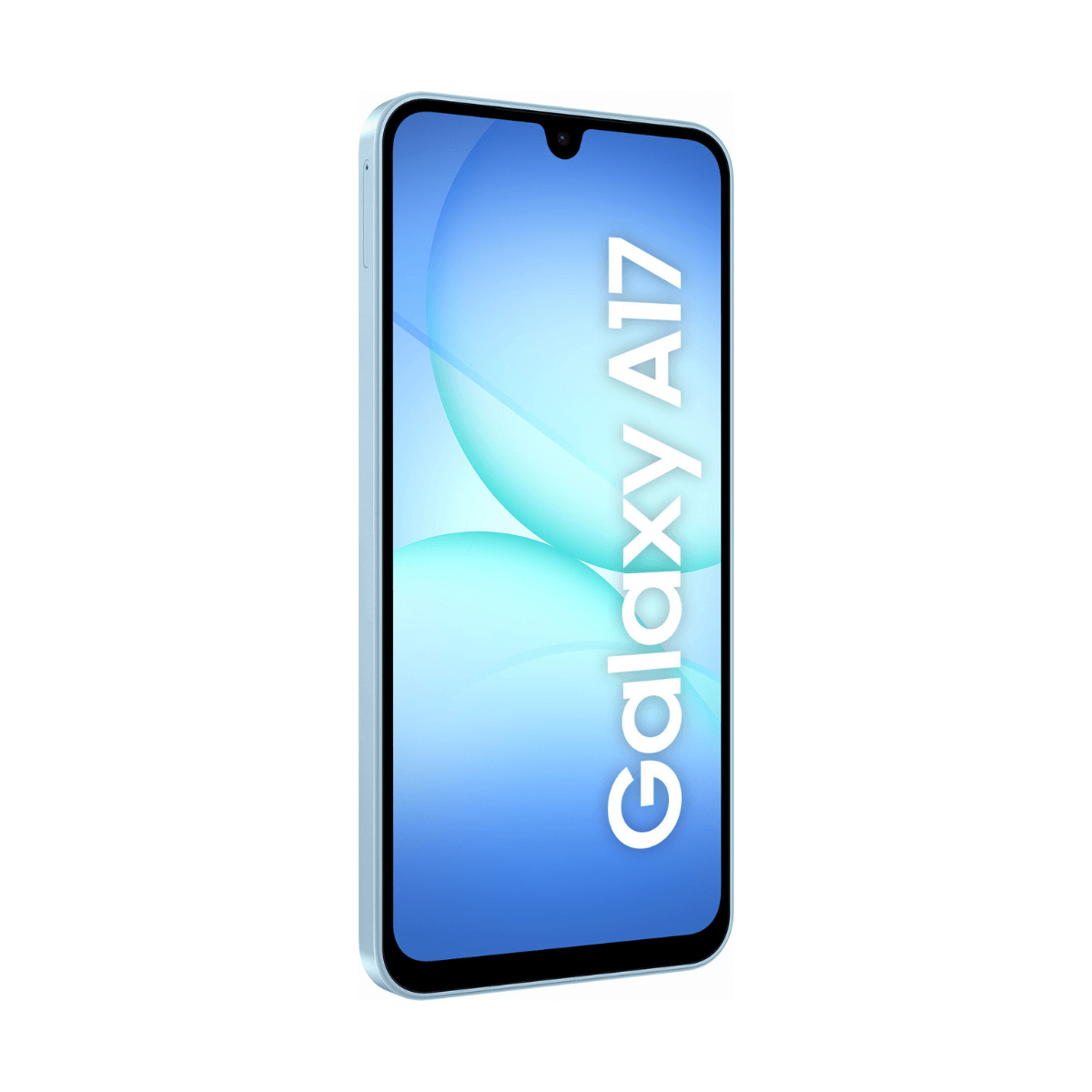 Jasnoniebieski smartfon Galaxy A17. Ekran wyświetla niebieskie i białe koła oraz napis 'Galaxy A17'.