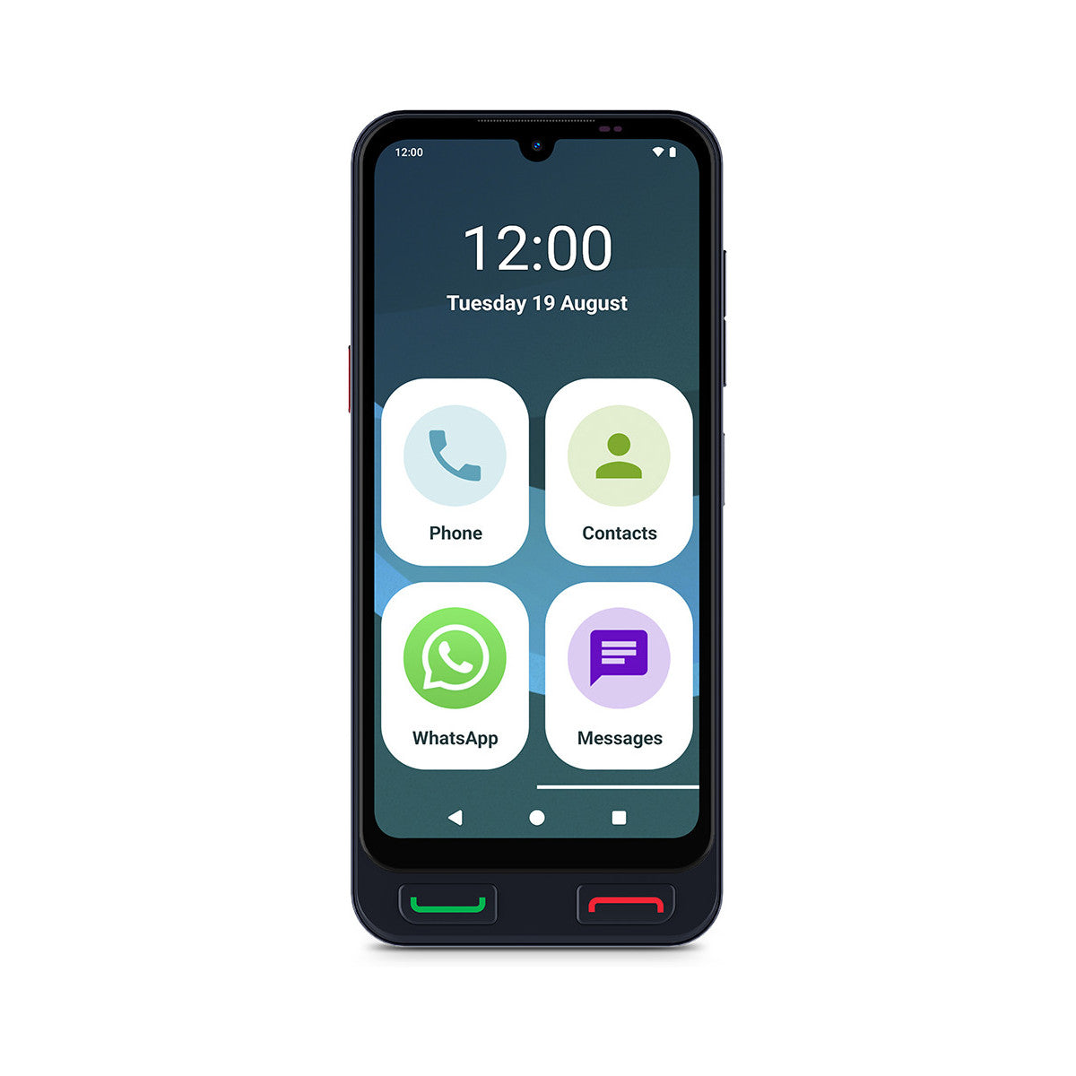 Smartfon wyświetla godzinę, datę i ikony aplikacji dla telefonu, kontaktów, WhatsApp i wiadomości. Posiada zielone i czerwone przyciski połączeń.