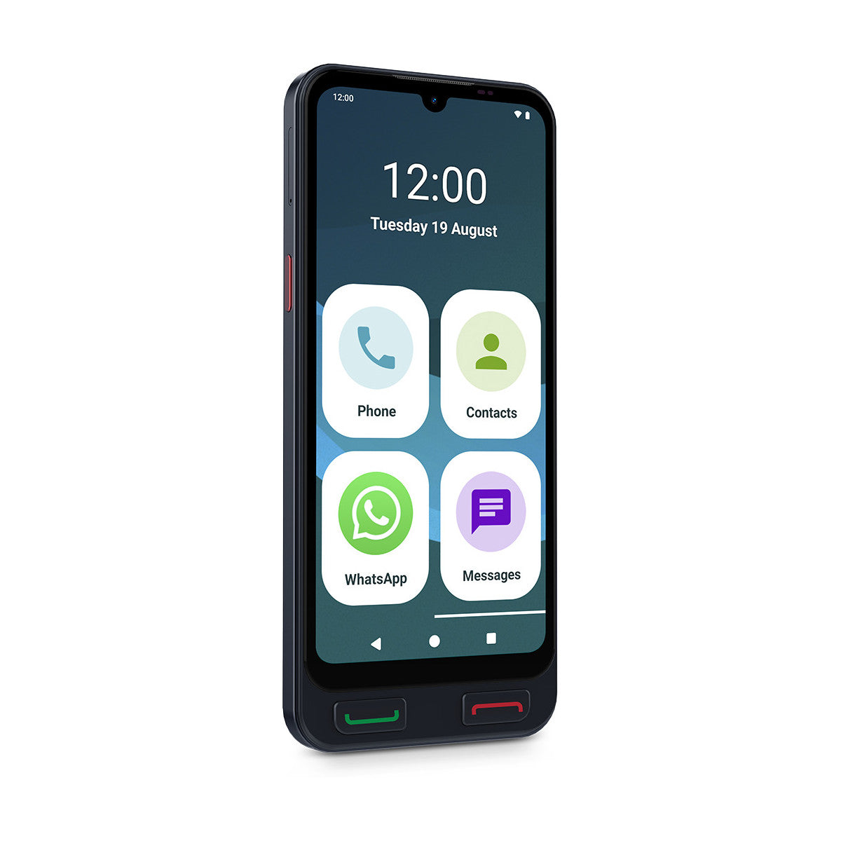 Smartfon wyświetla ekran główny z ikonami aplikacji: Telefon, Kontakty, WhatsApp i Wiadomości. Godzina to 12:00, 19 sierpnia.