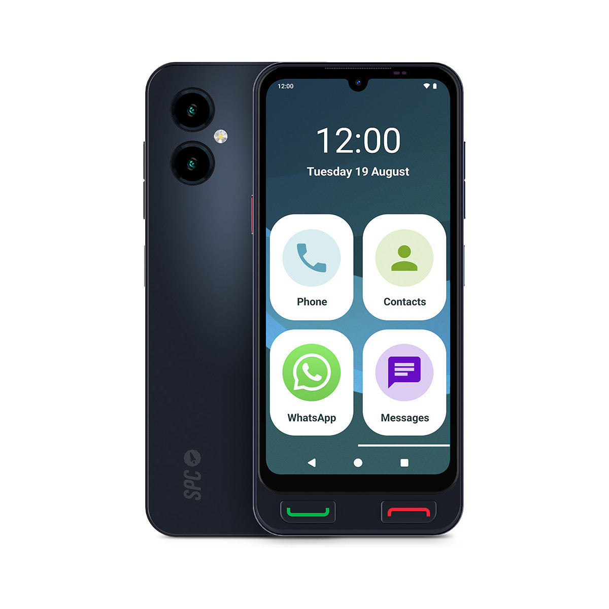 Ciemnoniebieski smartfon pokazujący godzinę i ikony aplikacji. Tył ma dwie soczewki aparatu.