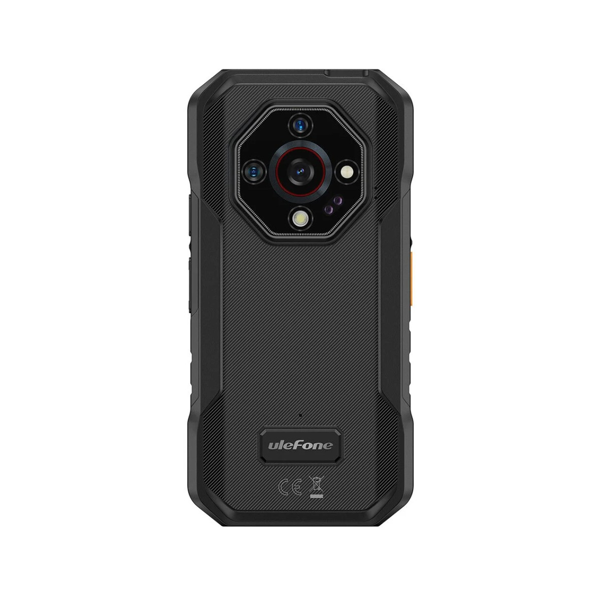 Czarny, wytrzymały smartfon Ulefone, widok z tyłu, z wieloma aparatami i logo marki na dole.