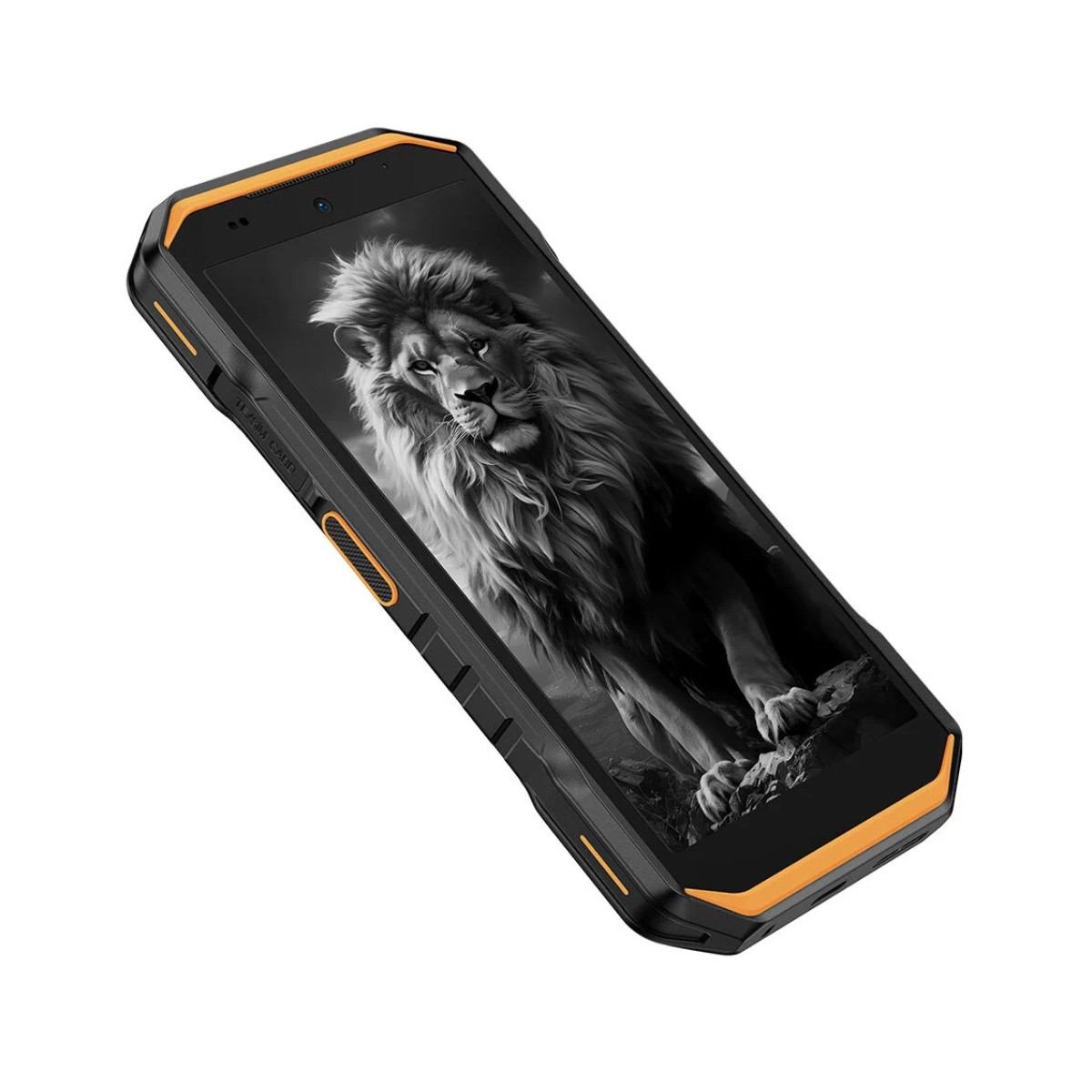 Czarno-pomarańczowy smartfon wyświetla obraz w skali szarości lwa. Telefon jest pochylony, pokazując jego wytrzymałą konstrukcję.
