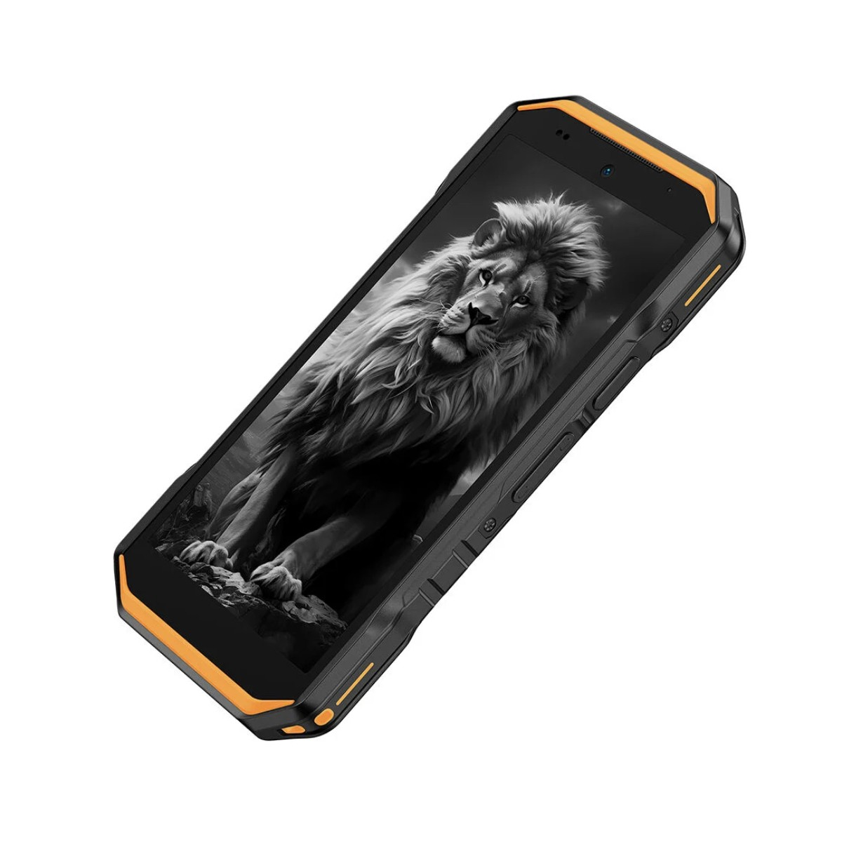 Wytrzymały smartfon wyświetla obraz w skali szarości lwa. Telefon ma czarne i pomarańczowe akcenty i jest skierowany w stronę widza.