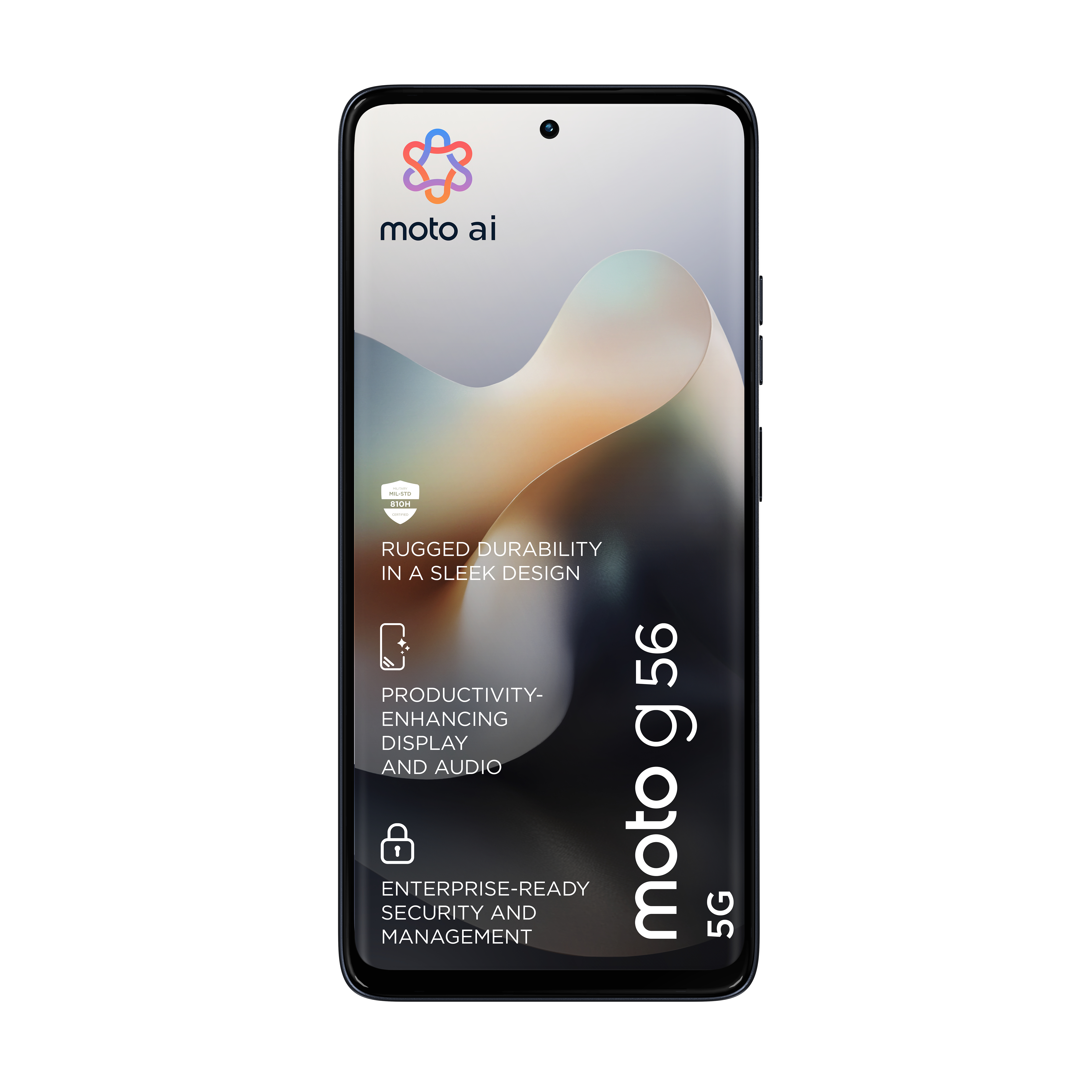 Ekran smartfona wyświetla logo 'moto ai' i funkcje telefonu, takie jak wytrzymałość i 5G.