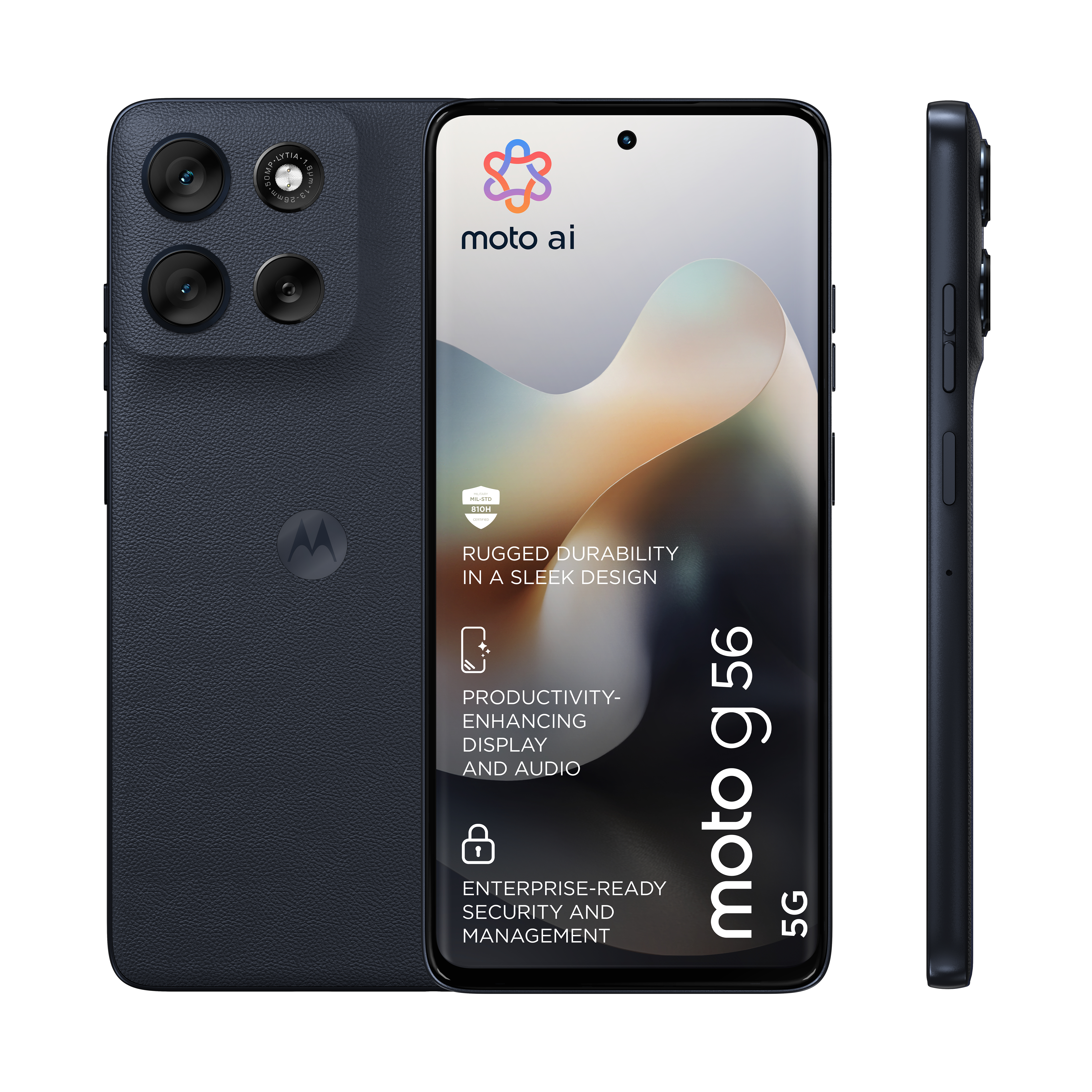 Granatowy telefon Motorola. Posiada aparaty, ekran z napisem 'moto g 56' i widok z boku.