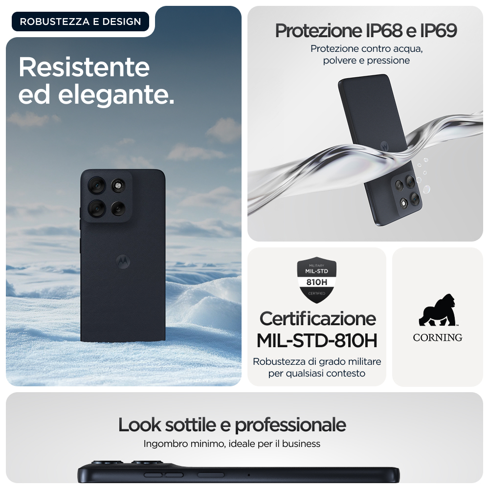 Czarny smartfon z wieloma aparatami na tle śnieżnym, plusk wody. Tekst wspomina o wytrzymałości i designie.