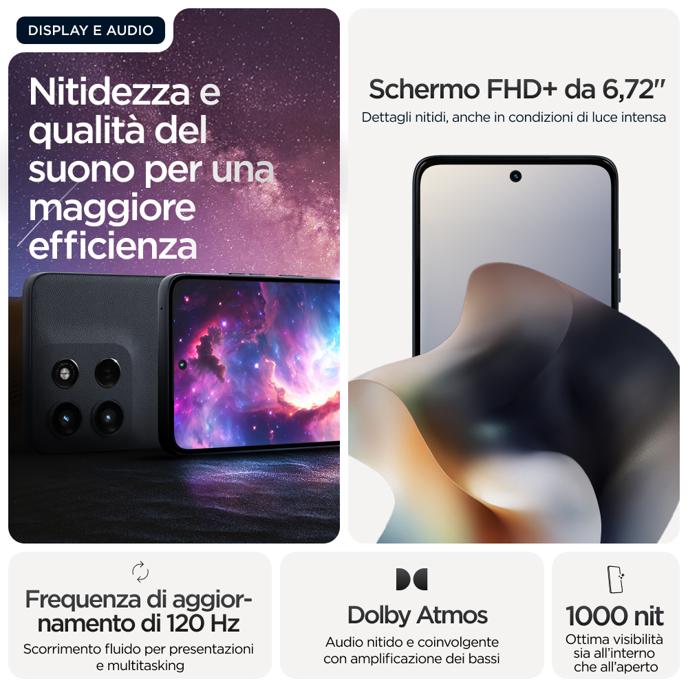 Obraz przedstawia telefon z ekranem i funkcjami takimi jak częstotliwość odświeżania 120 Hz, Dolby Atmos i wyświetlacz 1000 nitów.