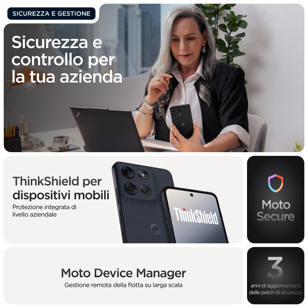 Kobieta biznesu z telefonem, laptopem na biurku. Tekst: Bezpieczeństwo i kontrola dla Twojej firmy.