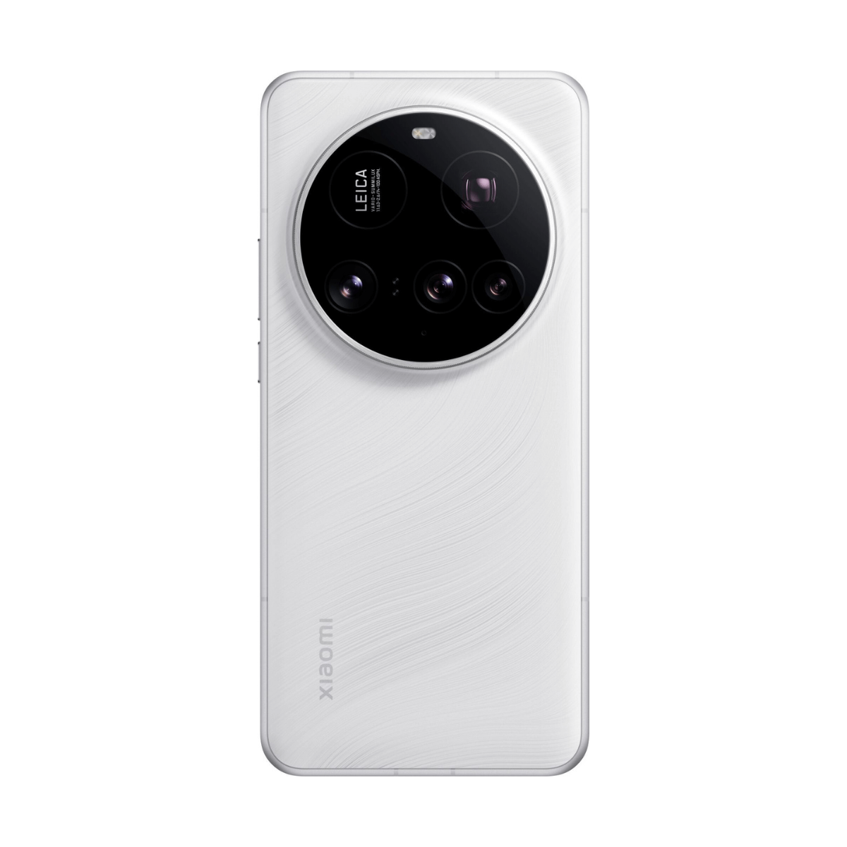 Telefono Xiaomi bianco con un grande modulo fotocamera circolare con marchio Leica. Il telefono ha un retro strutturato e il logo Xiaomi.