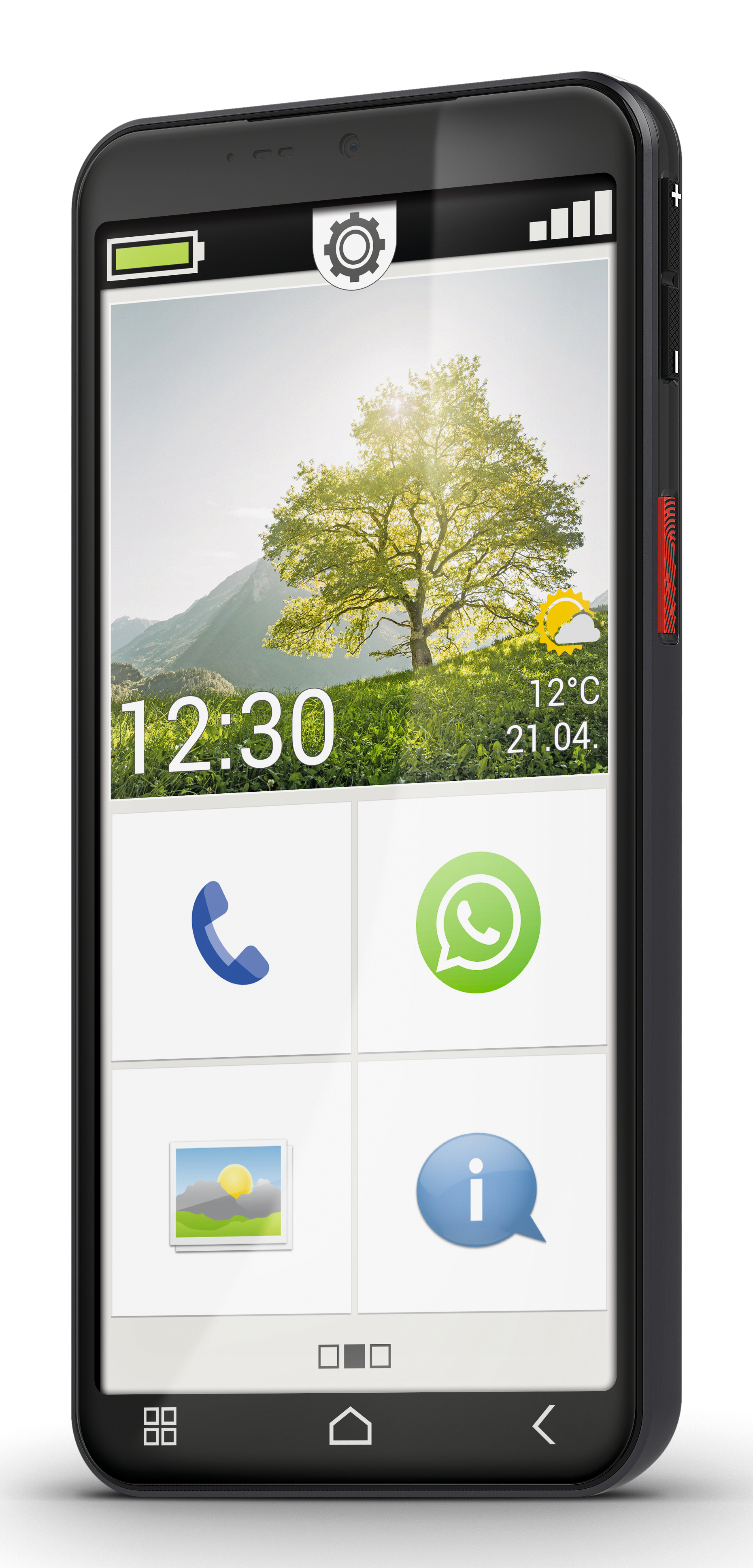 Smartphone con paesaggio e albero. Mostra ora, meteo e icone per chiamate, WhatsApp, galleria e info.