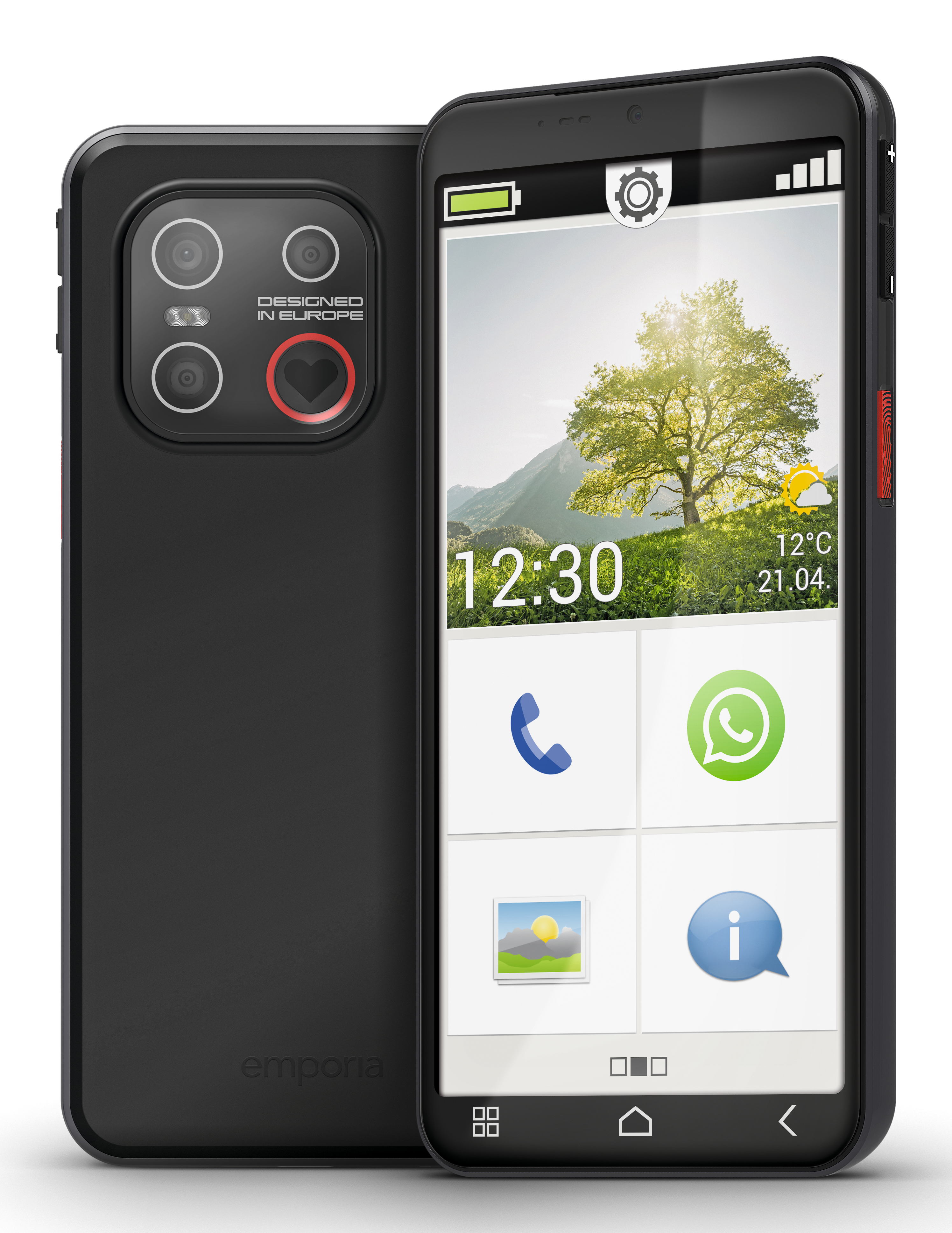 Uno smartphone nero mostra ora, meteo e icone delle app. Il retro mostra lenti della fotocamera e un cuore.