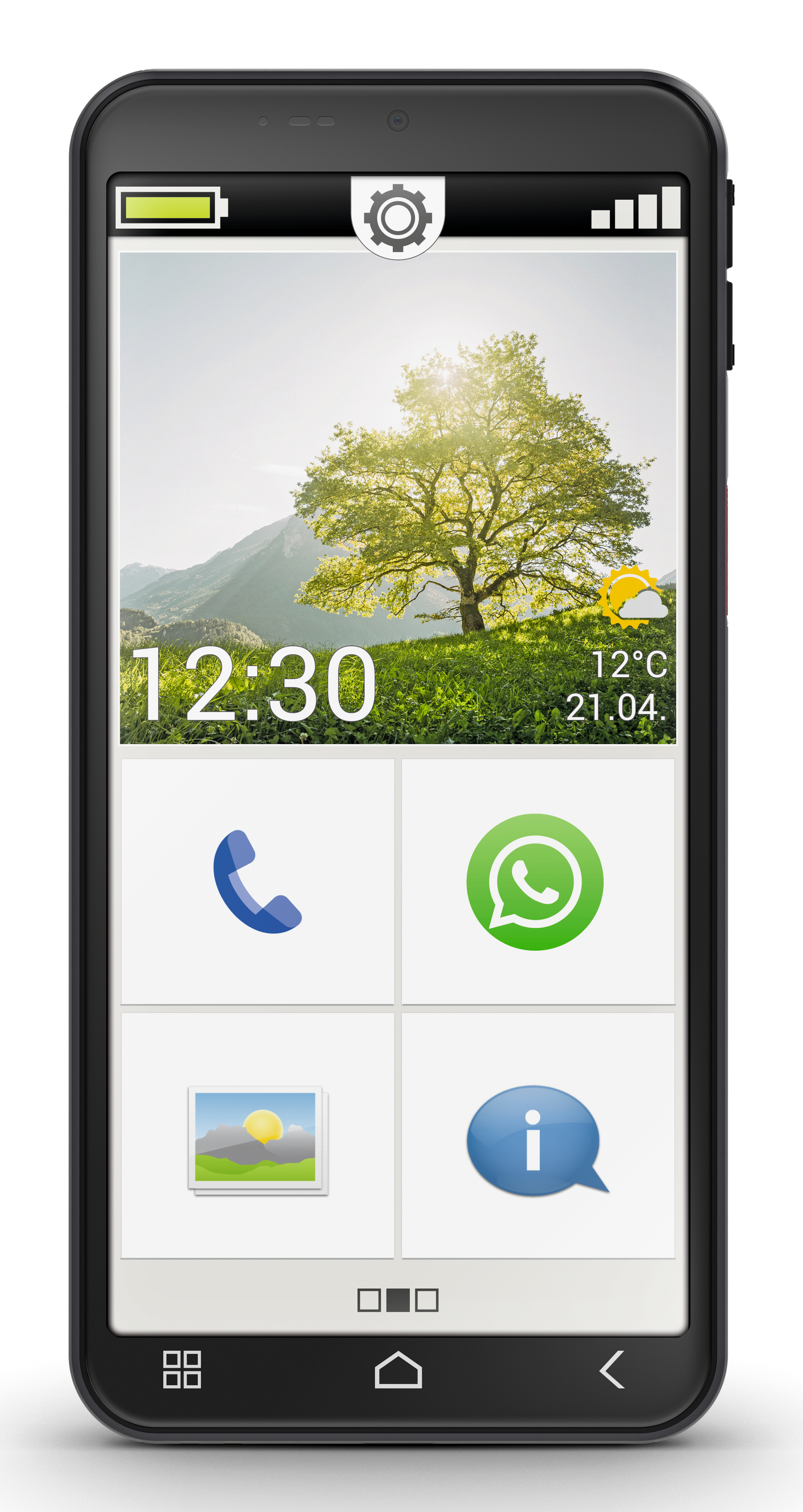 Schermo smartphone con paesaggio e albero. Icone: telefono, WhatsApp, galleria, info e dettagli meteo.