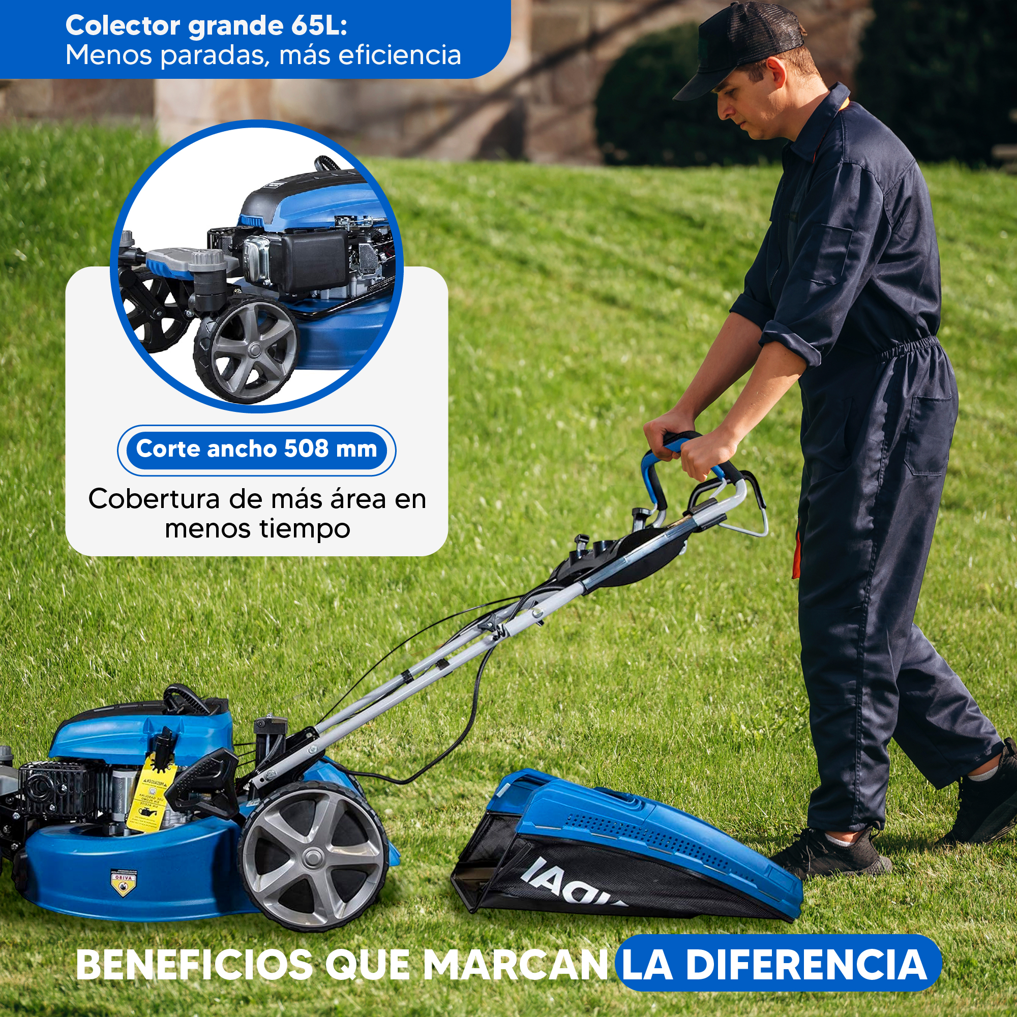 Un hombre corta un césped verde con un cortacésped azul. El texto resalta las características y beneficios del cortacésped.