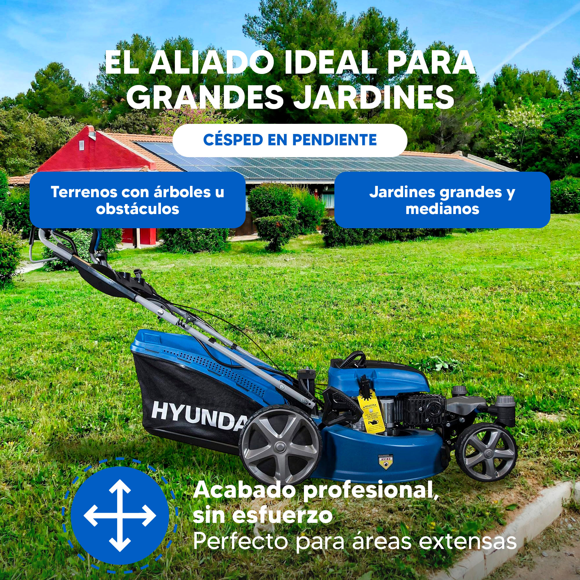 Cortacésped azul sobre césped. Texto dice: perfecto para jardines grandes, acabado profesional y uso sin esfuerzo.