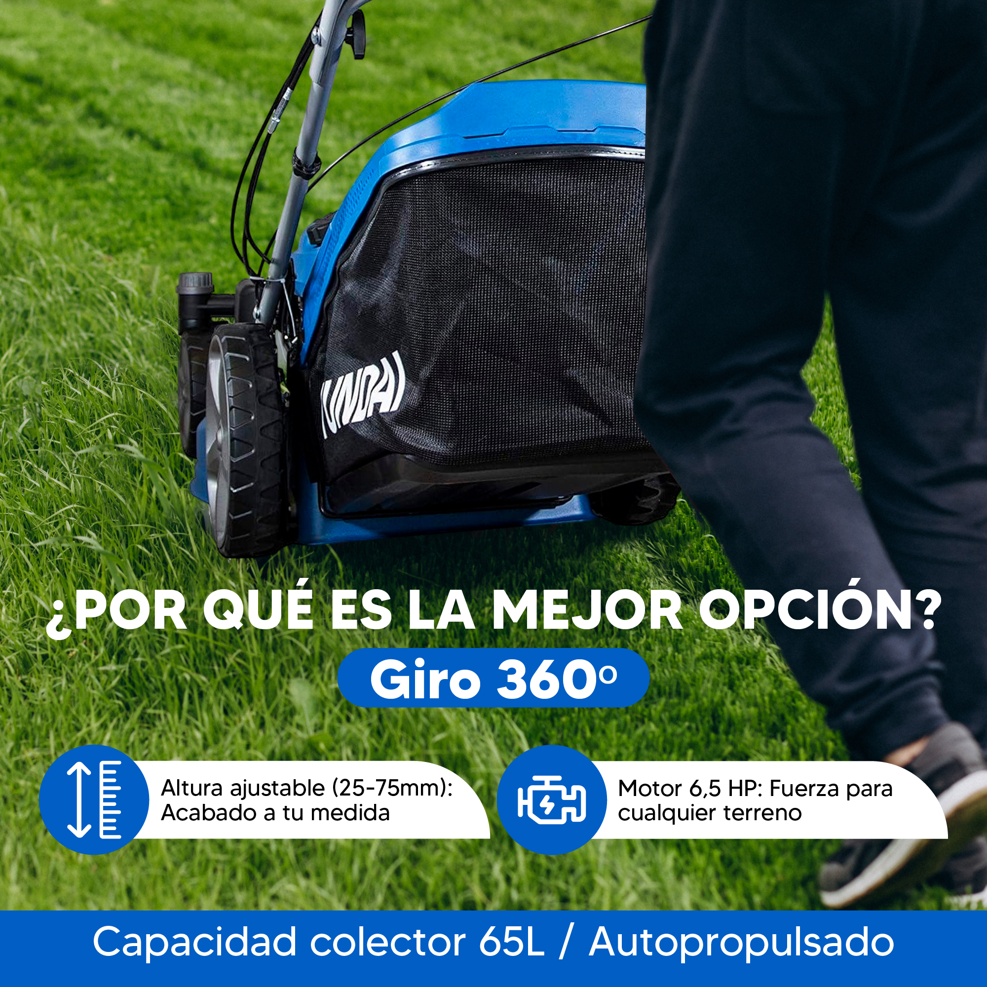 Un cortacésped azul sobre hierba verde, con las piernas de una persona al fondo. Texto: ¿Por qué es la mejor opción? Giro de 360°.