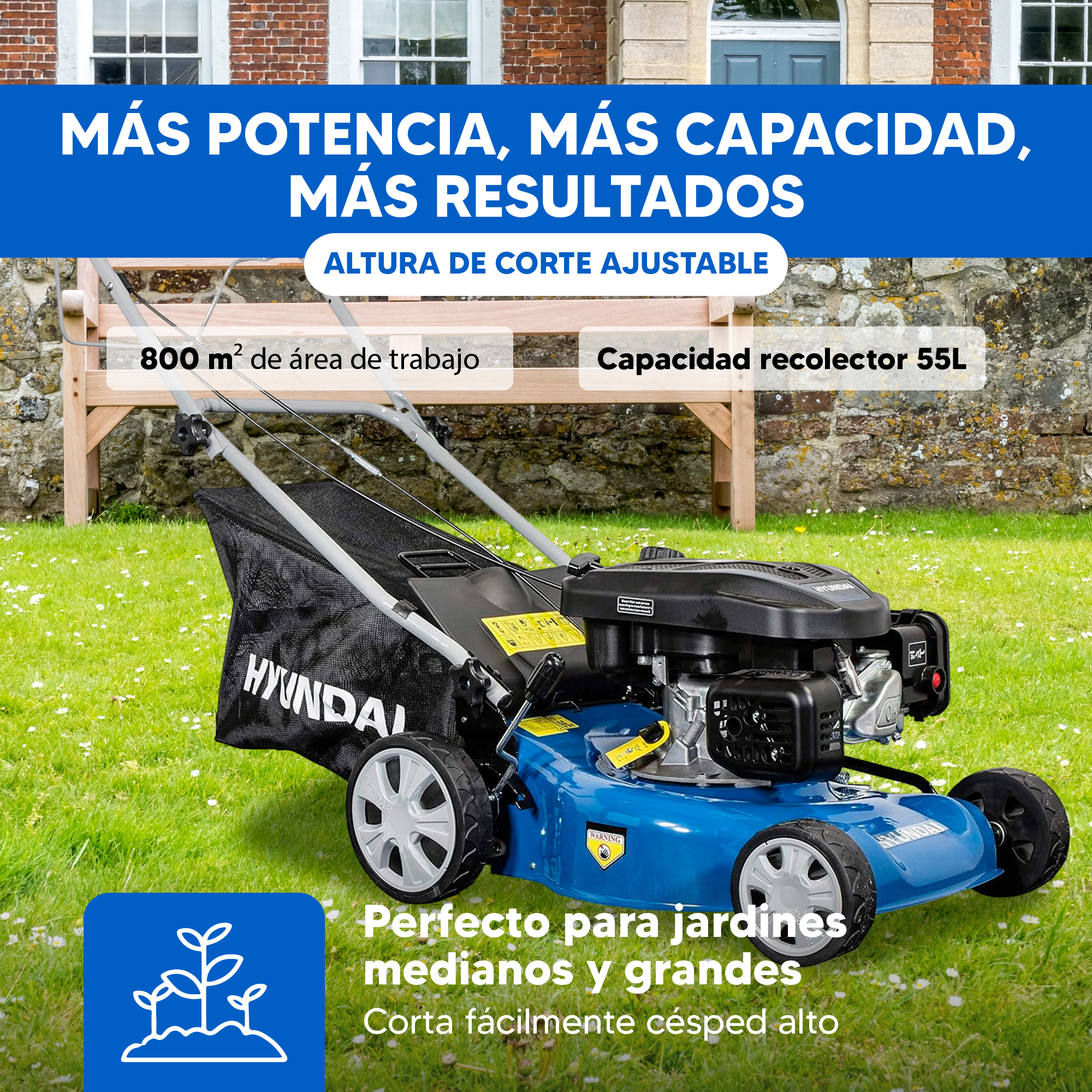 Cortacésped Hyundai azul y negro sobre hierba. El texto dice 'más potencia, más capacidad, más resultados'.