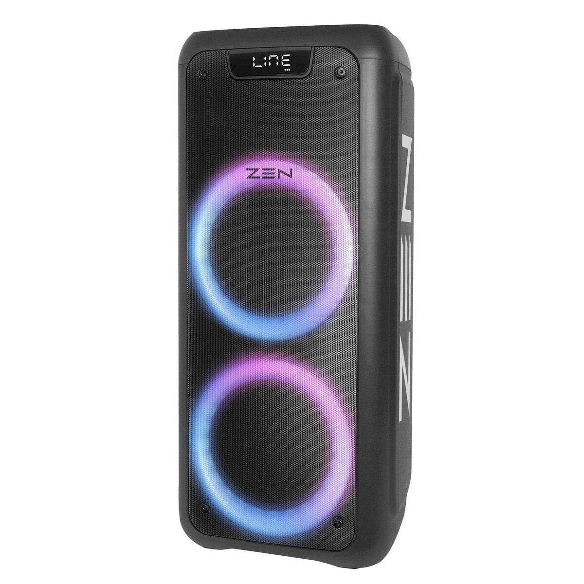 Altoparlante nero con due anelli luminosi e la scritta ZEN. L'altoparlante ha la scritta LINE in alto.