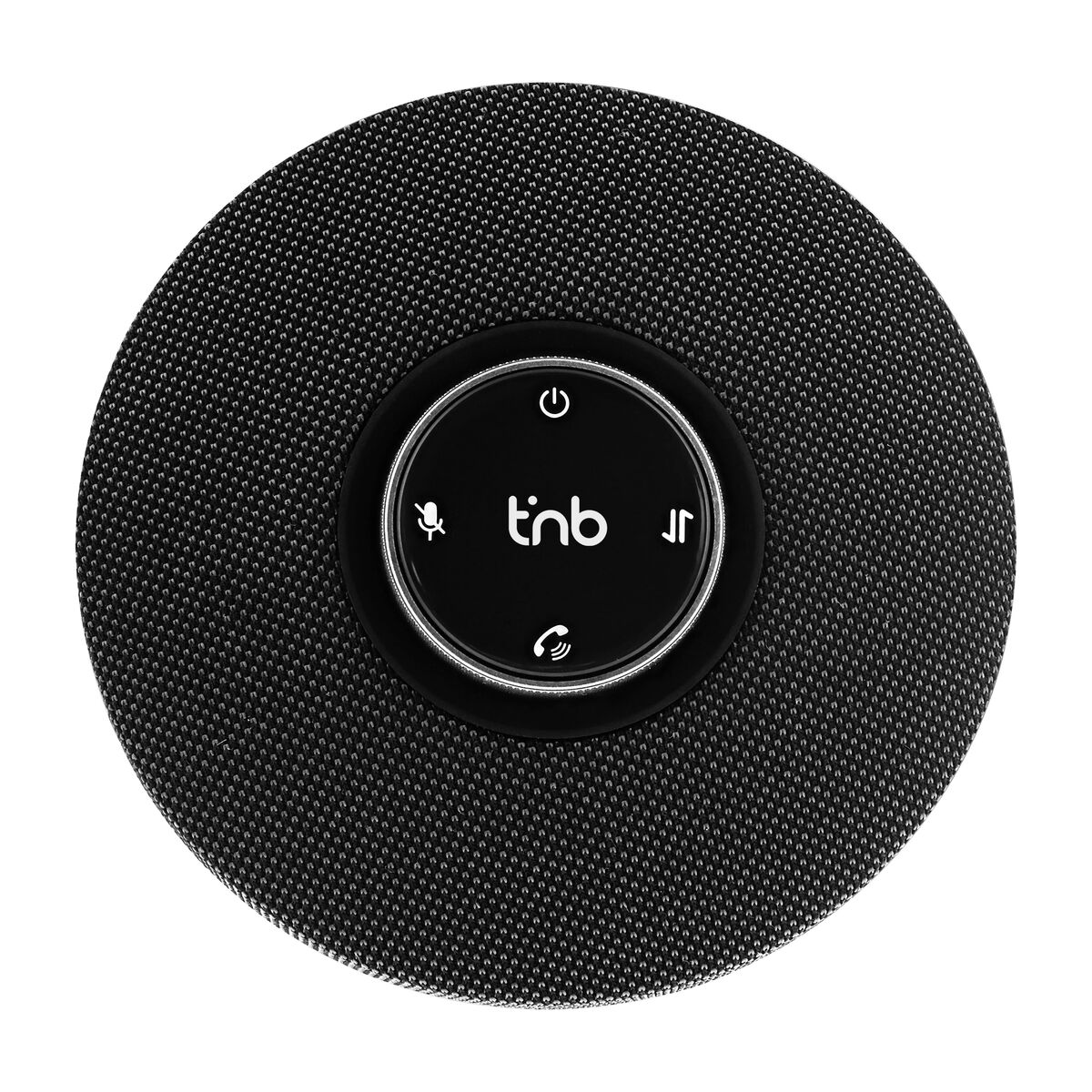 Un altoparlante nero e rotondo con un pannello di controllo centrale. Il pannello ha un pulsante di accensione, microfono, telefono e controlli del volume. Il marchio è 'tnb'.