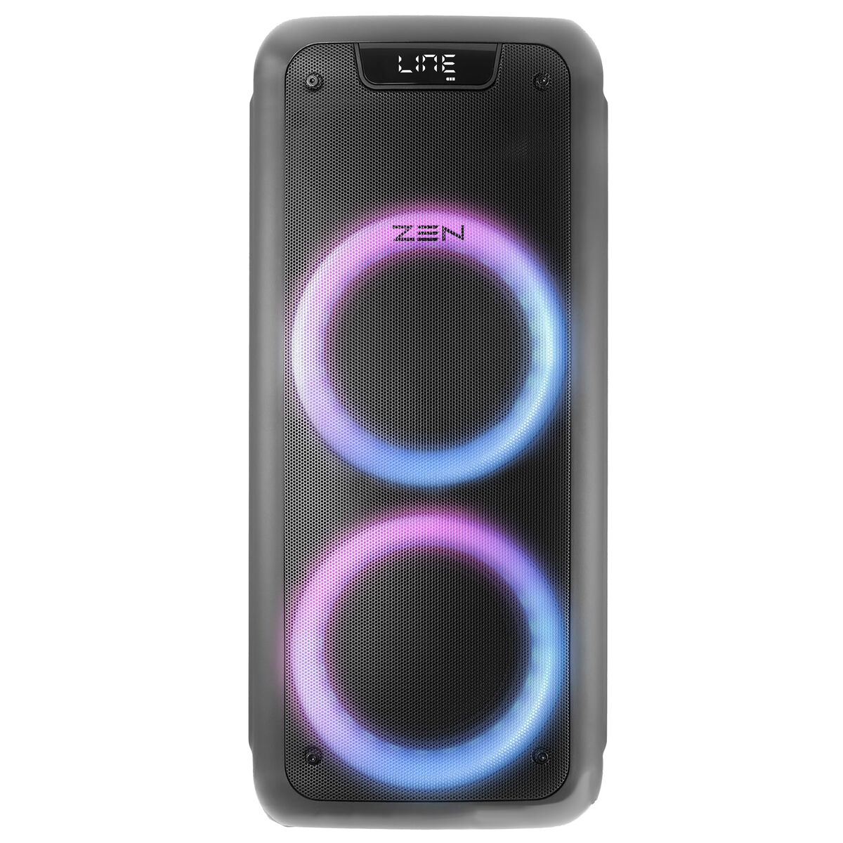 Un altoparlante grigio con due cerchi luminosi al centro. L'altoparlante ha la scritta 'ZEN'.