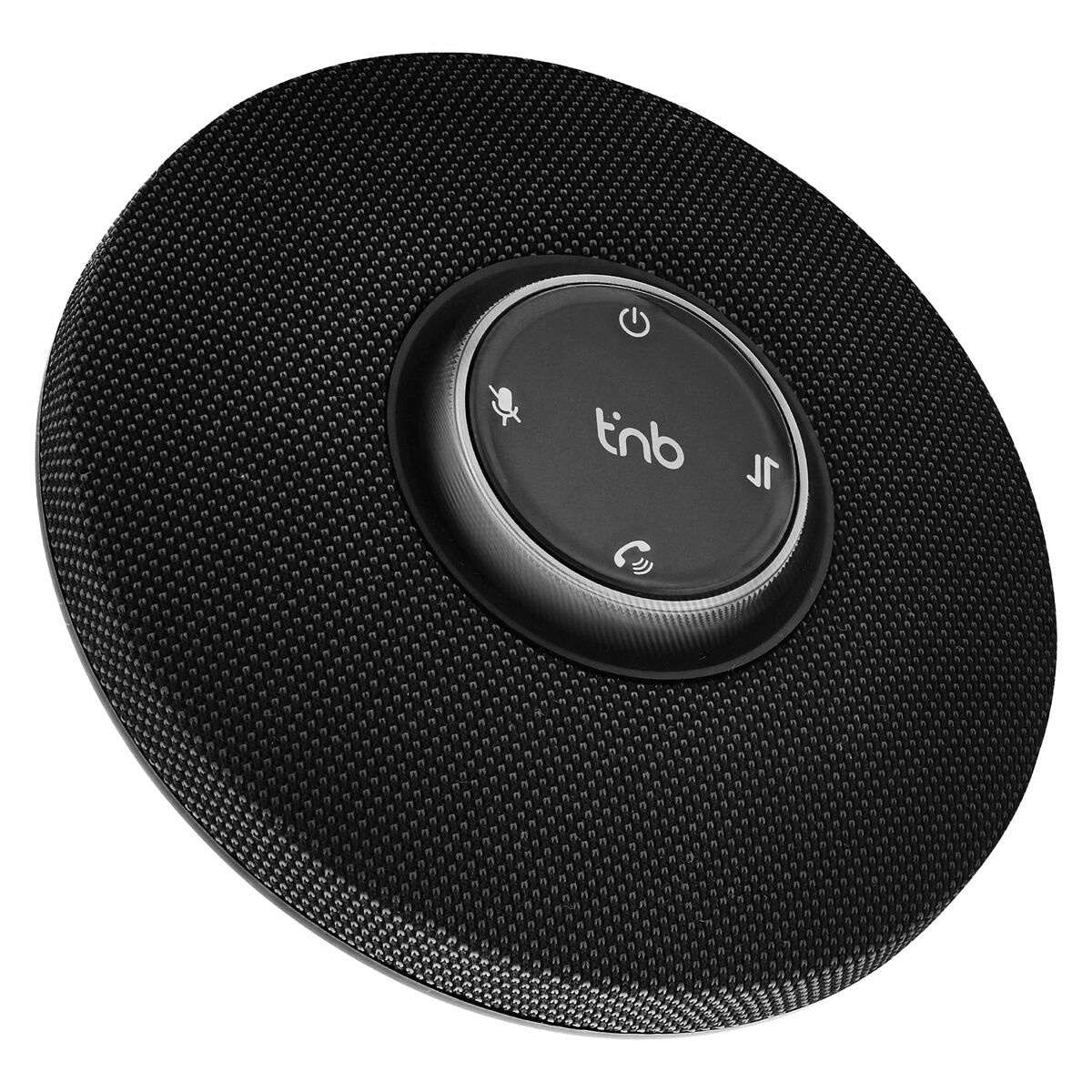 Altoparlante nero e rotondo con un pannello di controllo. Il pannello ha icone per l'alimentazione, il microfono e il telefono. L'altoparlante ha una superficie strutturata.
