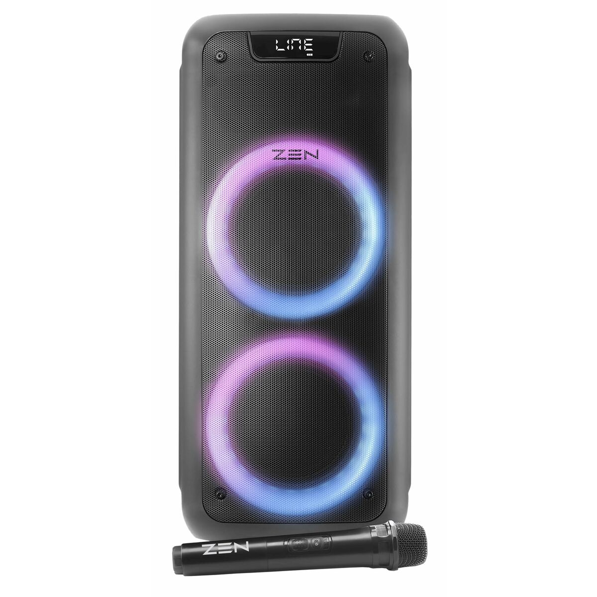 Un altoparlante nero con due cerchi luminosi. Un microfono è in basso. Il testo dice 'ZEN' sull'altoparlante e sul microfono.