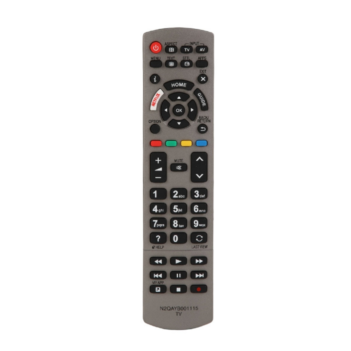 Graue TV-Fernbedienung mit vielen Knöpfen. Enthält eine Netflix-Taste, einen Ziffernblock und Richtungstasten. Die Marke ist N2QAYB001115.