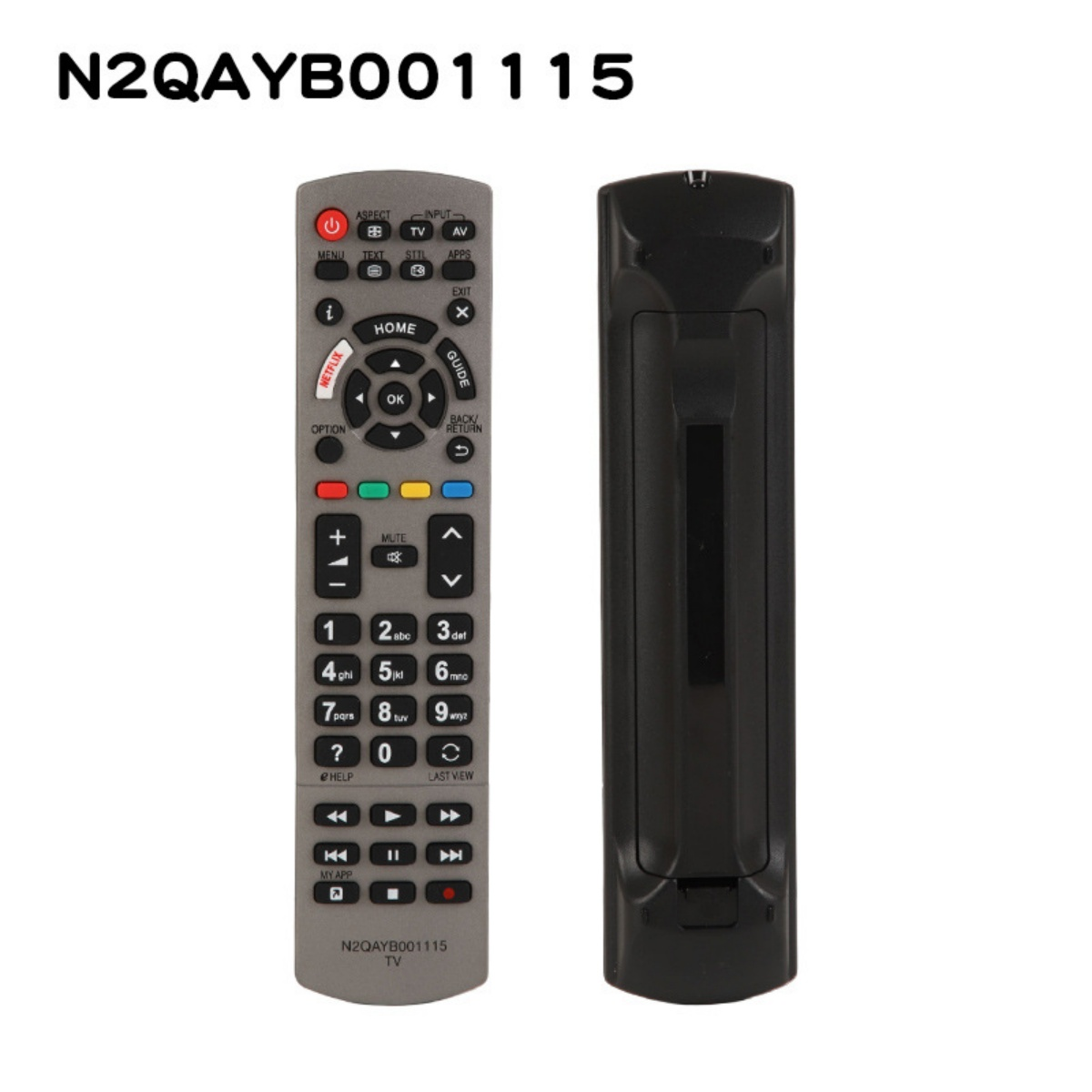 Zwei Ansichten einer grauen TV-Fernbedienung mit Tasten für Power, Netflix, Lautstärke und Kanäle auf weißem Hintergrund.