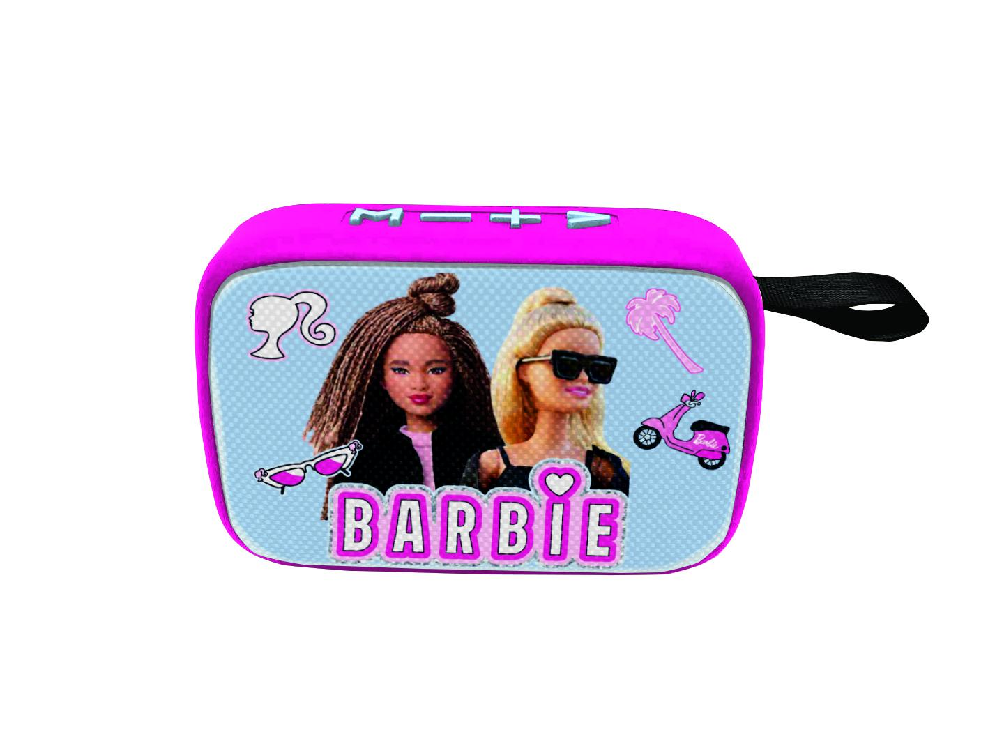 Pinker Barbie-Lautsprecher mit Barbie-Puppen, Sonnenbrillen, Roller- und Palmen-Grafiken.