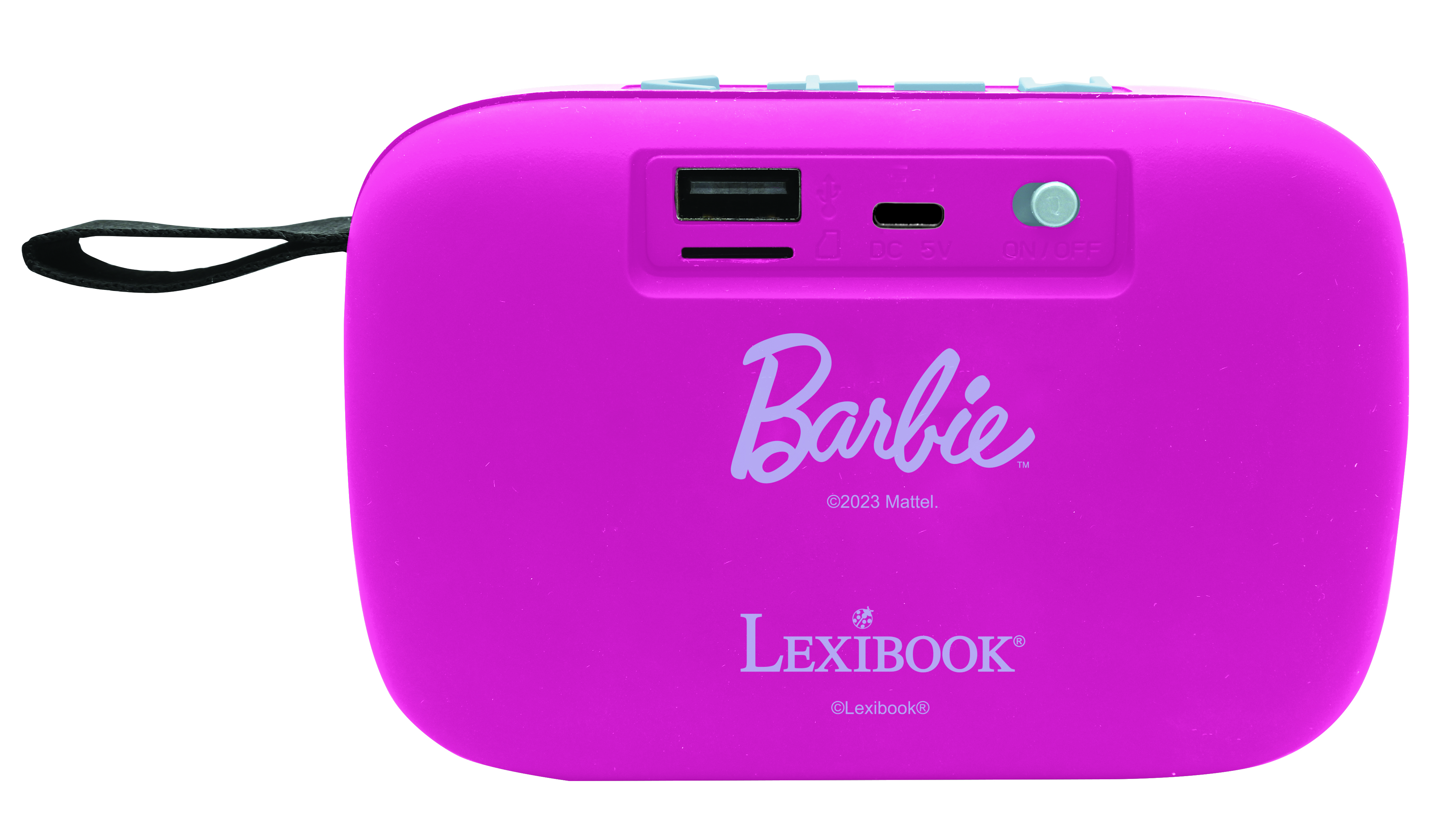 Ein pinkfarbener Lexibook-Lautsprecher der Marke Barbie mit Anschlüssen, einem Ein-/Ausschalter und einem schwarzen Riemen. Der Hintergrund ist weiß.