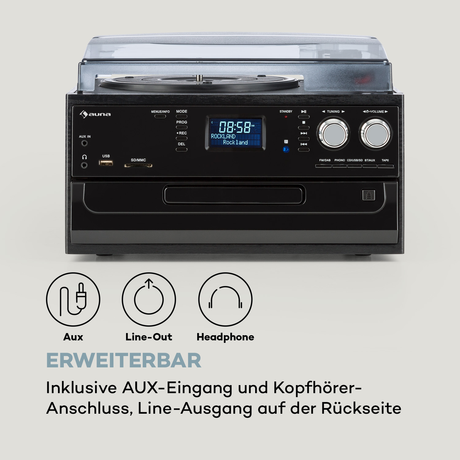 Schwarze Stereoanlage mit Plattenspieler, CD-Player und Radiosteuerung. Merkmale: AUX, Line-Out und Kopfhöreranschlüsse.