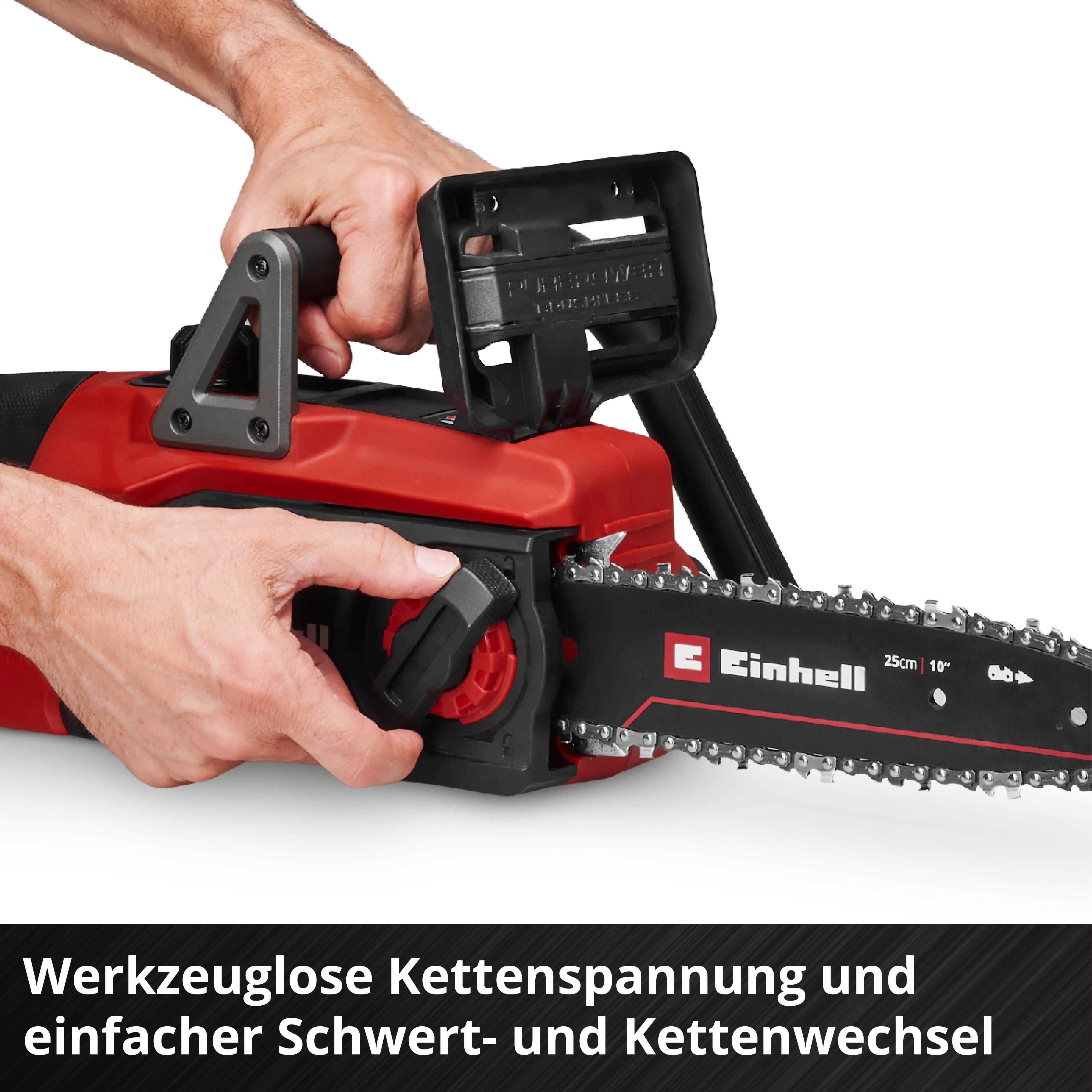 Hände halten eine rot-schwarze Kettensäge. Kette und Markenname sind sichtbar. Der Text lautet 'einfacher Klingenwechsel'.