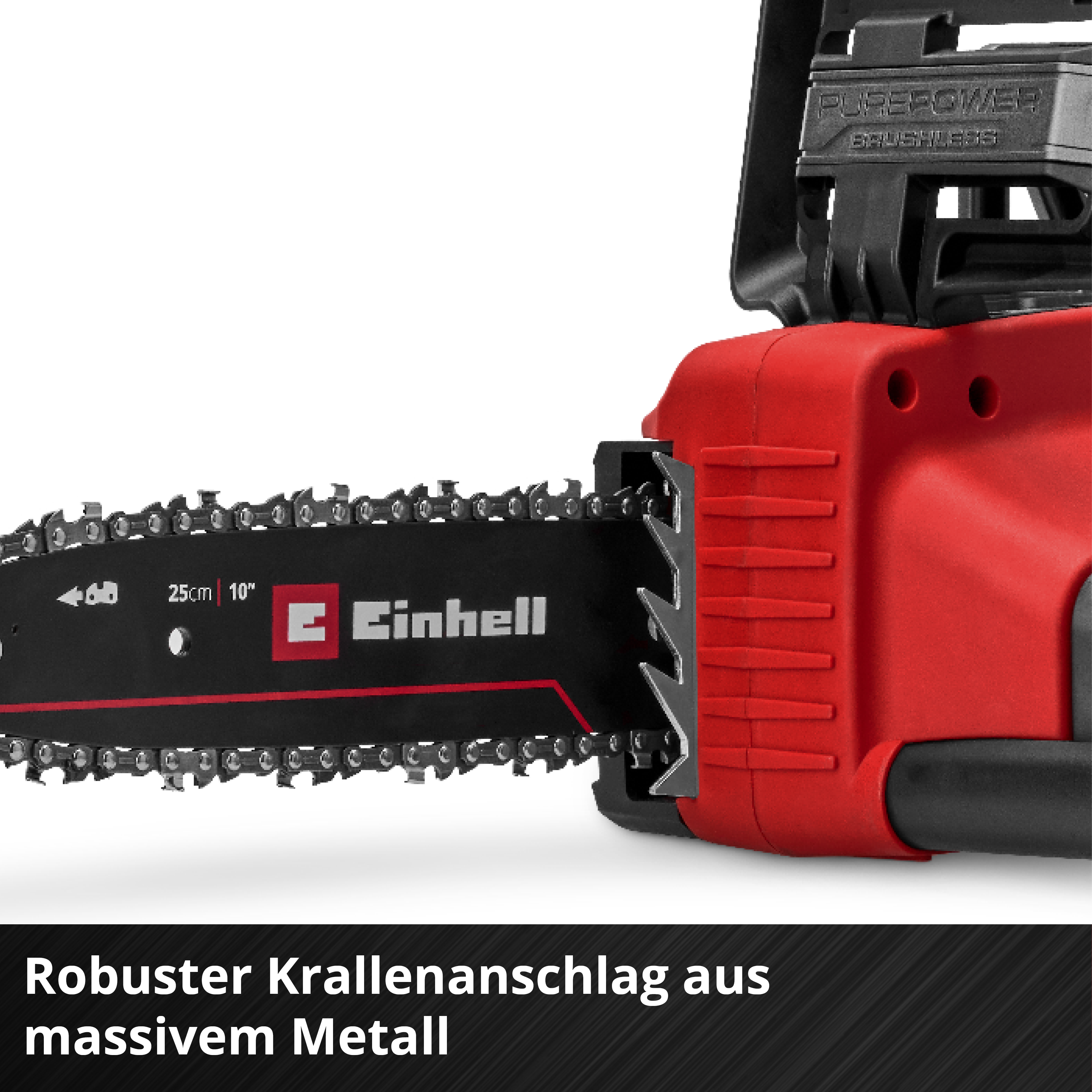 Nahaufnahme einer roten Kettensäge mit schwarzer Kette. Die Marke 'Einhell' ist sichtbar. Der Text 'brushless' ist auch vorhanden.