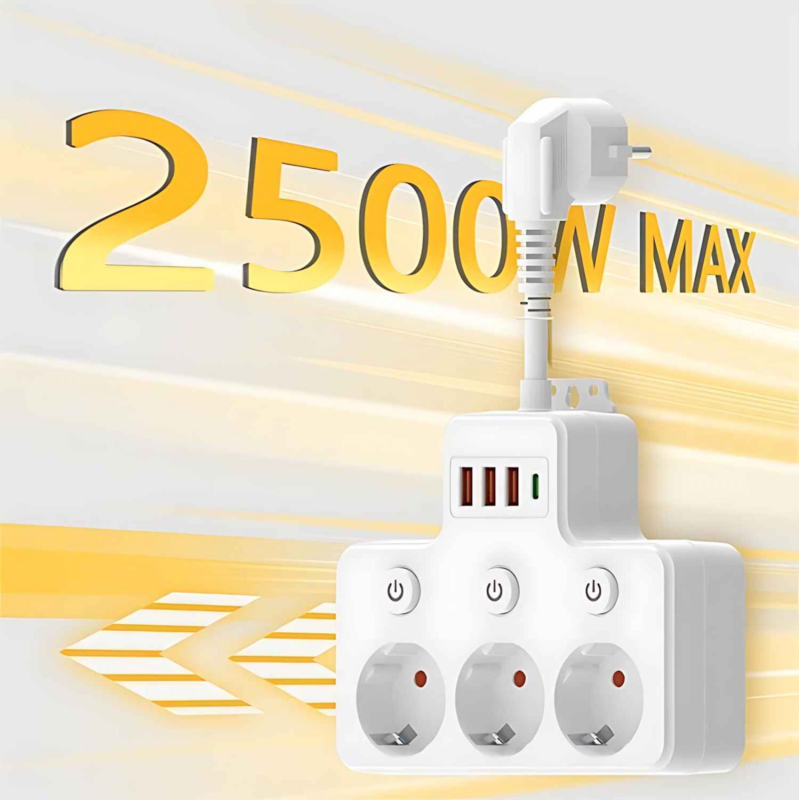 Weiße Steckdosenleiste mit Stecker, 3 Steckdosen, 3 USB-Anschlüssen und Netzschalter, mit Text "2500W MAX".