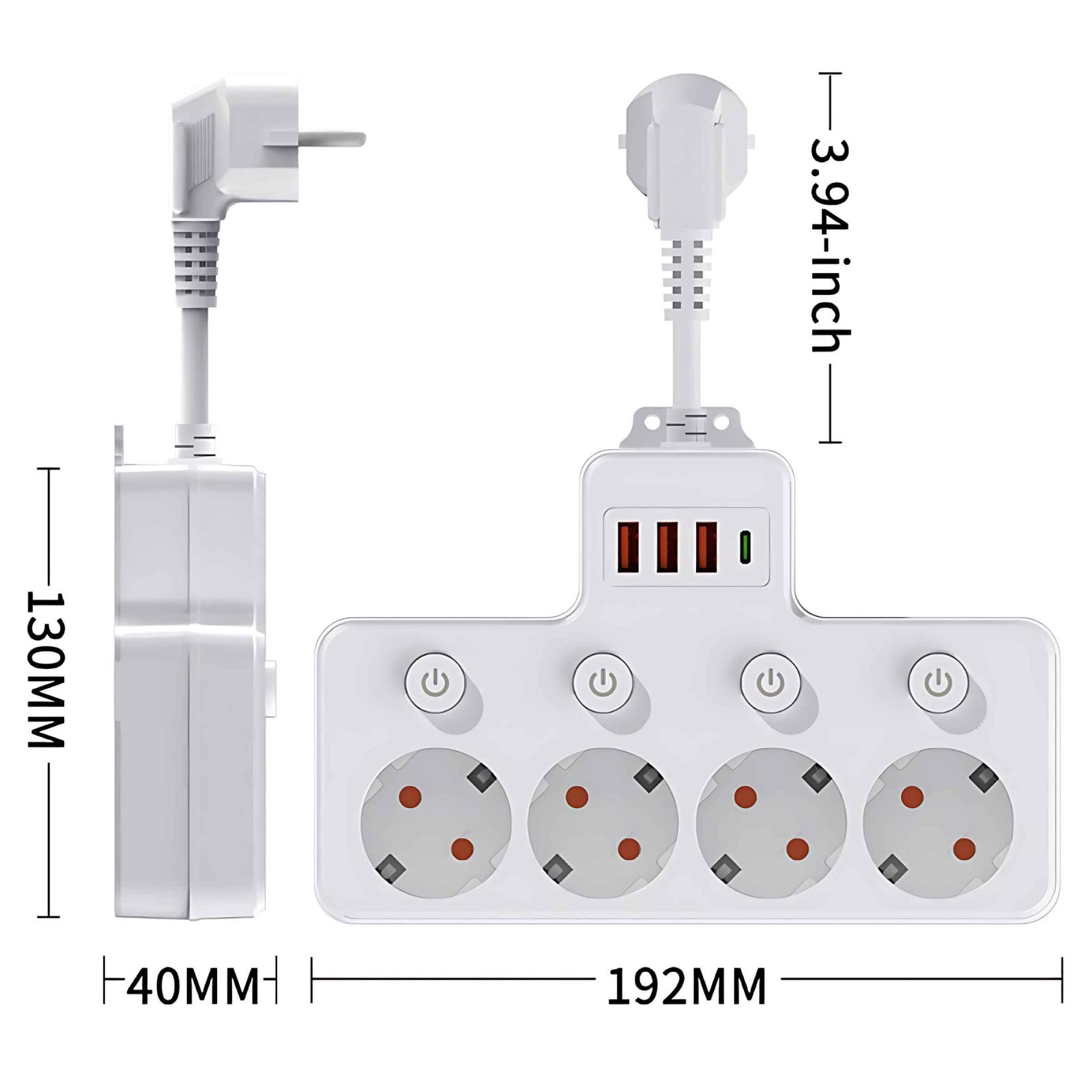 Ein weißes Verlängerungskabel mit vier Steckdosen, USB-Anschlüssen und einer Ein-/Aus-Taste. Abmessungen sind angegeben.