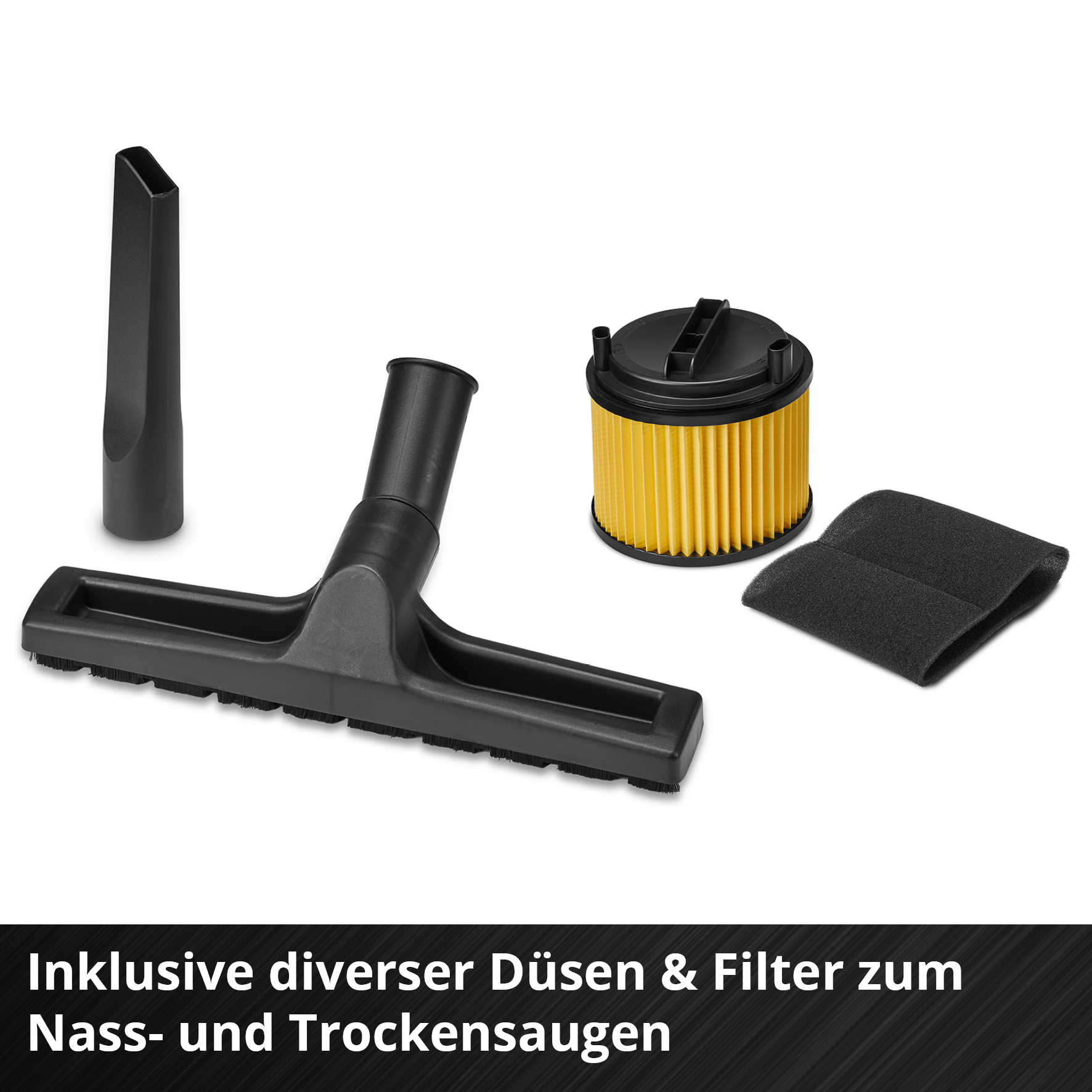 Staubsaugerzubehör: Düsen, Filter und Schwamm auf weißem Hintergrund. Text unten auf Deutsch.