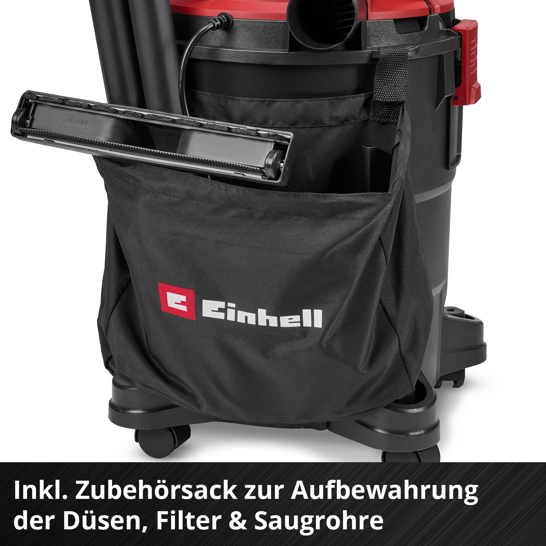 Ein schwarz-roter Staubsauger mit einer schwarzen Aufbewahrungstasche für Zubehör. Der Markenname 'Einhell' ist sichtbar.