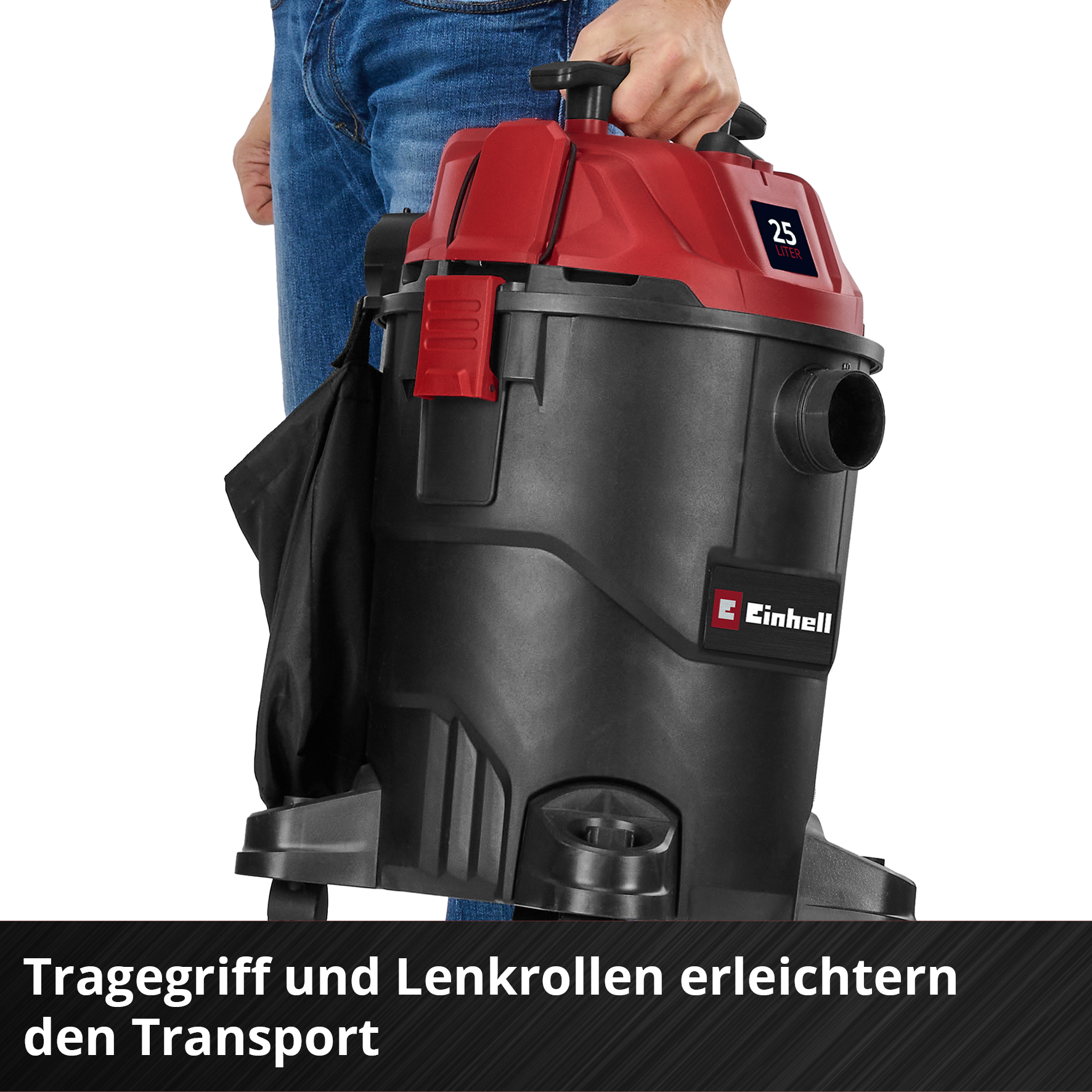 Eine Person hält einen rot-schwarzen Staubsauger mit schwarzer Tasche. Text: '25 Liter'.