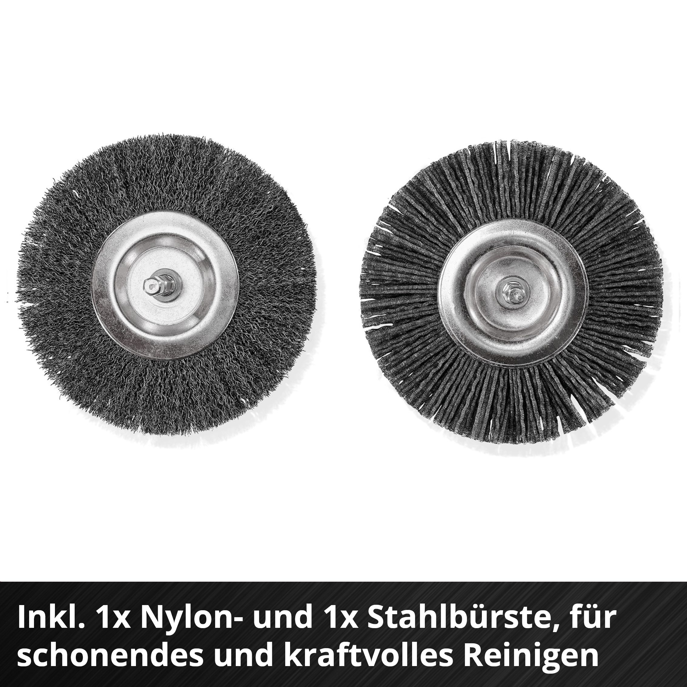 Zwei kreisförmige Drahtbürsten mit Metallmitten auf weißem Hintergrund. Text unten: Inkl. 1x Nylon- und 1x Stahlbürste.