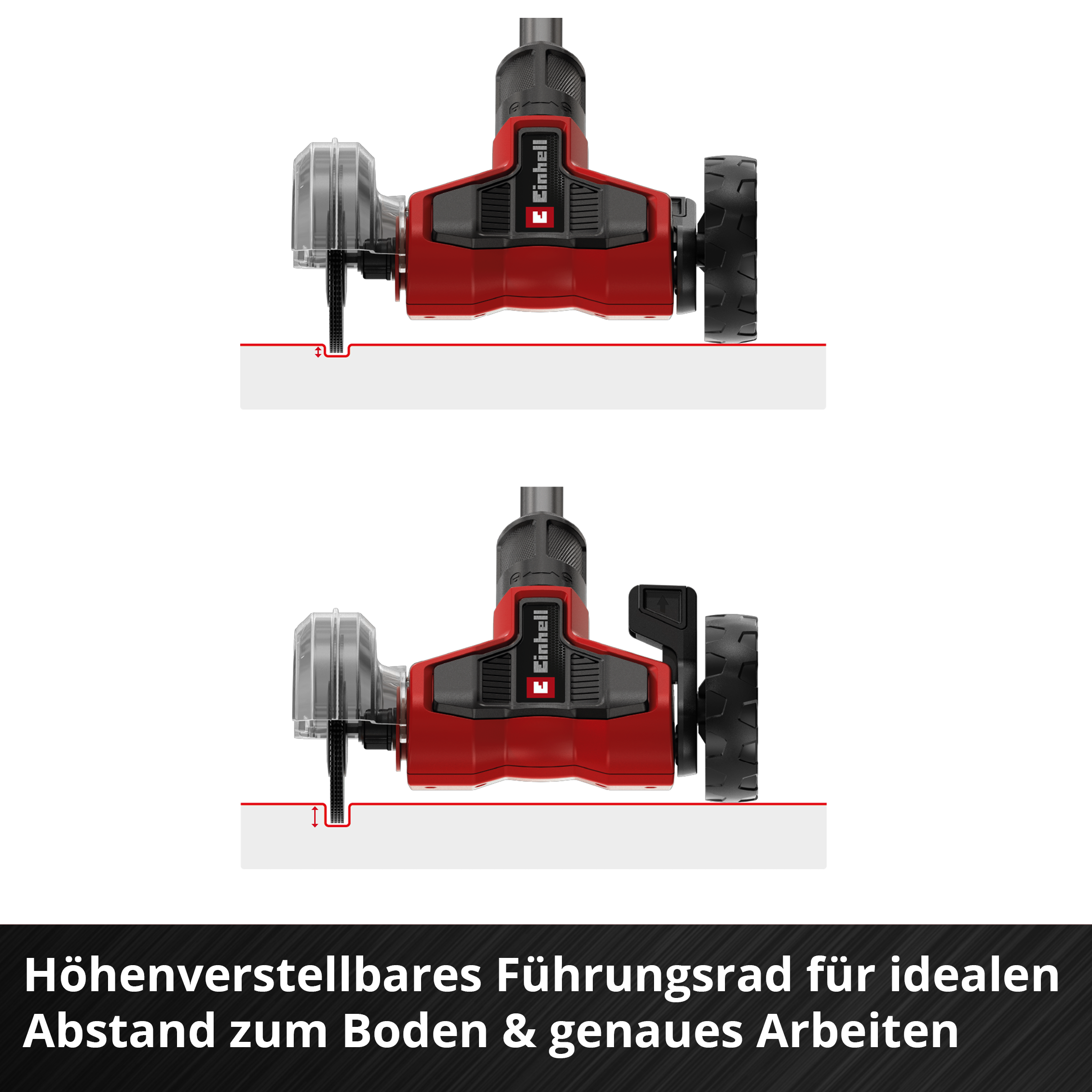 Ein rotes und schwarzes Einhell-Werkzeug mit Rädern. Es liegt auf einer weißen Oberfläche, mit einer Führung.