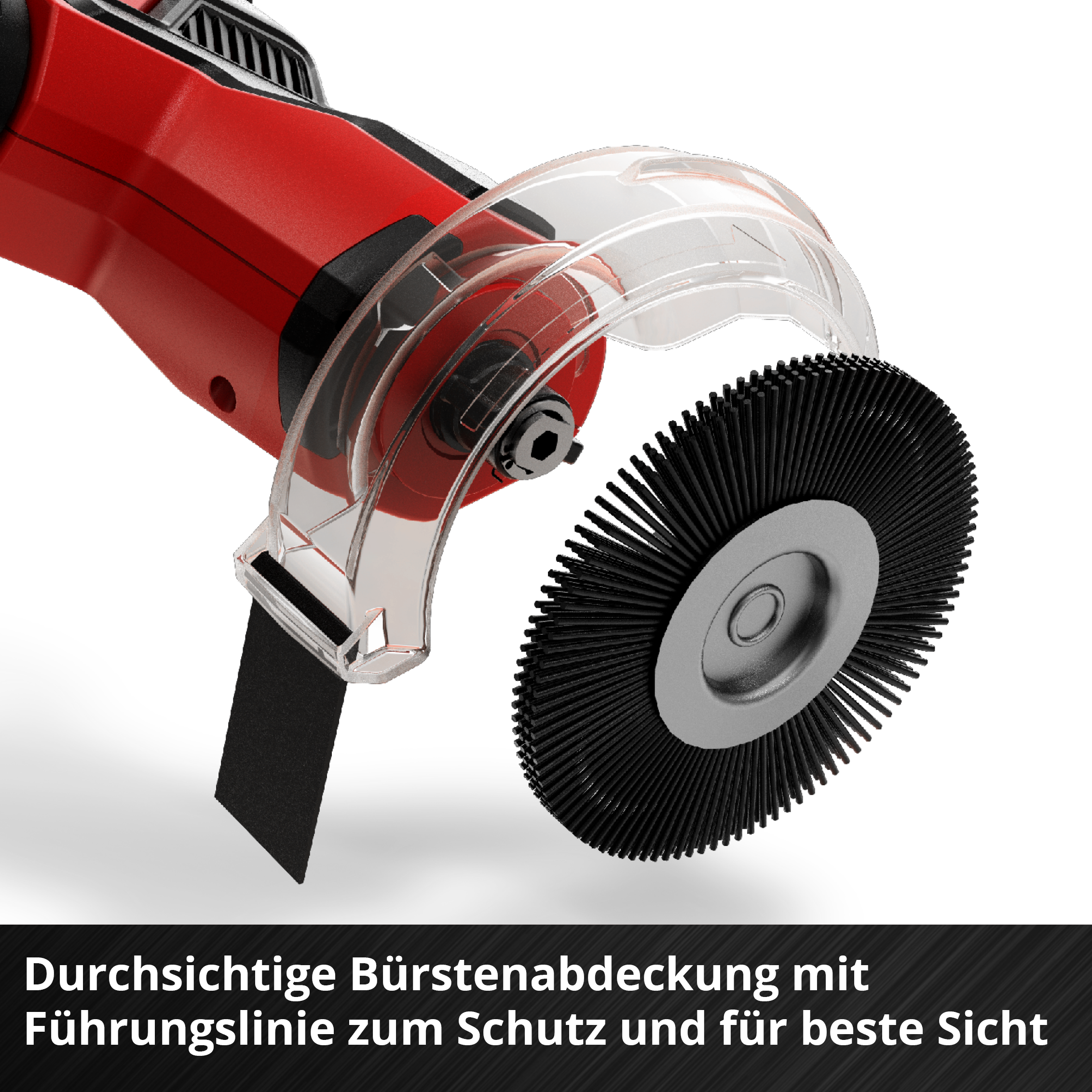 Ein rotes und schwarzes Elektrowerkzeug mit Bürstenaufsatz und transparenter Abdeckung auf weißem Grund.