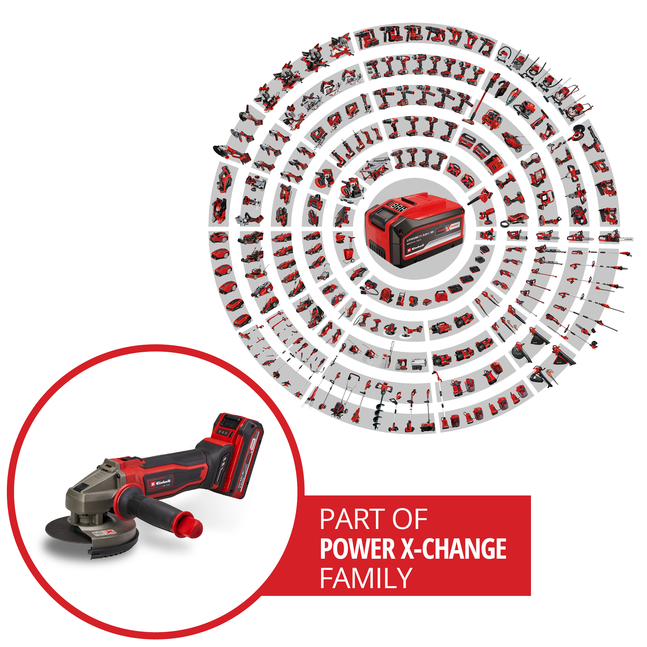 Ein Winkelschleifer in einem roten Kreis, mit vielen anderen Elektrowerkzeugen, die einen Kreis bilden. Der Text lautet 'Power X-Change Family'.