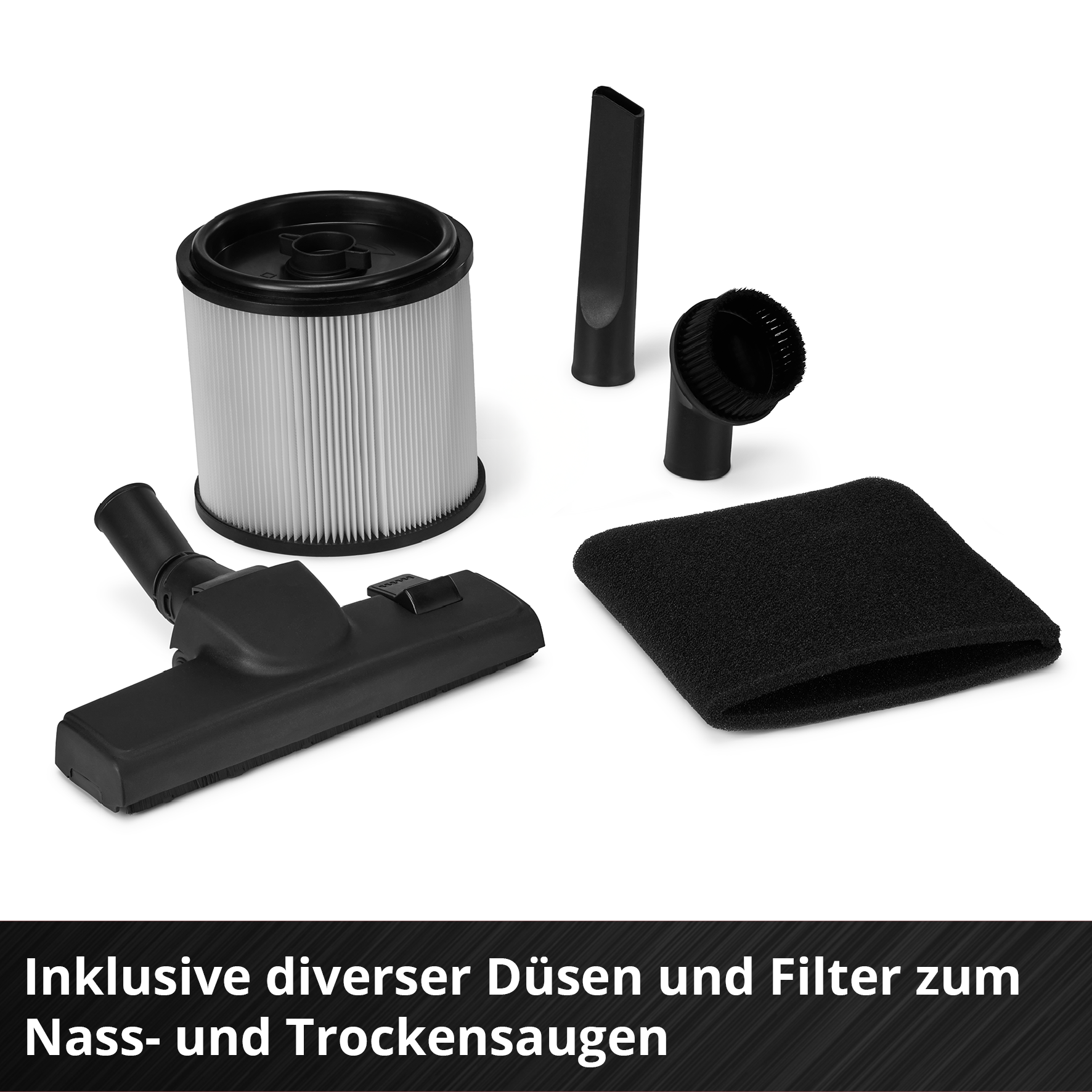Accessori per aspirapolvere: filtro, ugelli e spazzola. Bianco e nero. Per aspirazione a secco e umido.