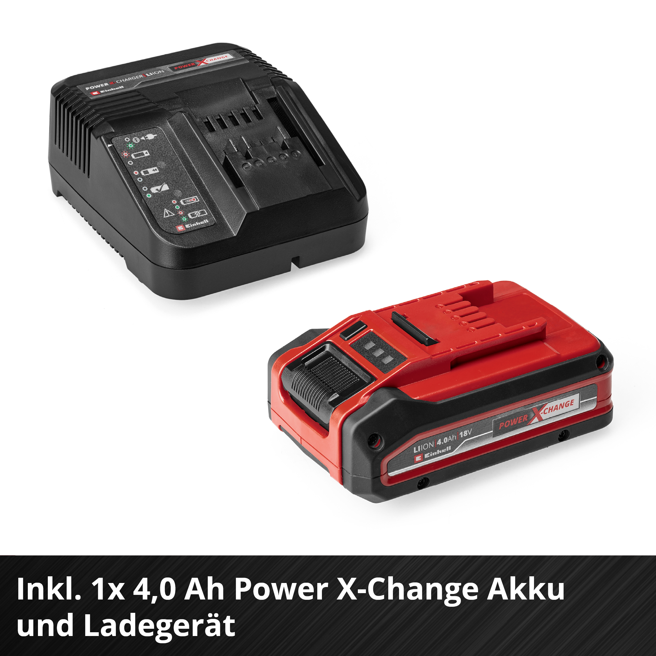 Ein schwarzes Ladegerät und ein roter Akku. Beide haben das Power X-Change-Logo. Weißer Hintergrund.