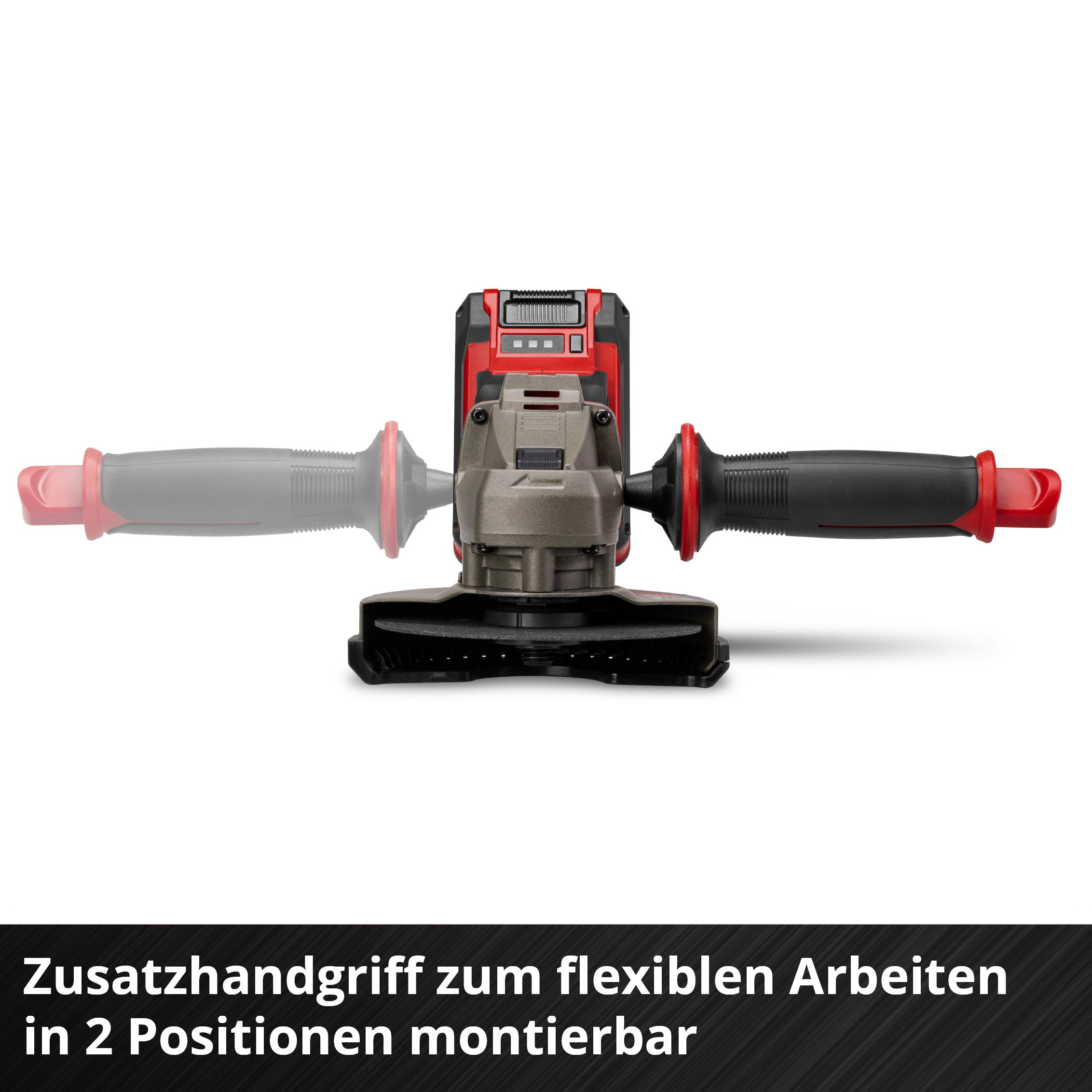 Winkelschleifer mit zwei Griffen, roten und schwarzen Akzenten. Der Text lautet 'Zusatzhandgriff zum flexiblen Arbeiten in 2 Positionen montierbar'.
