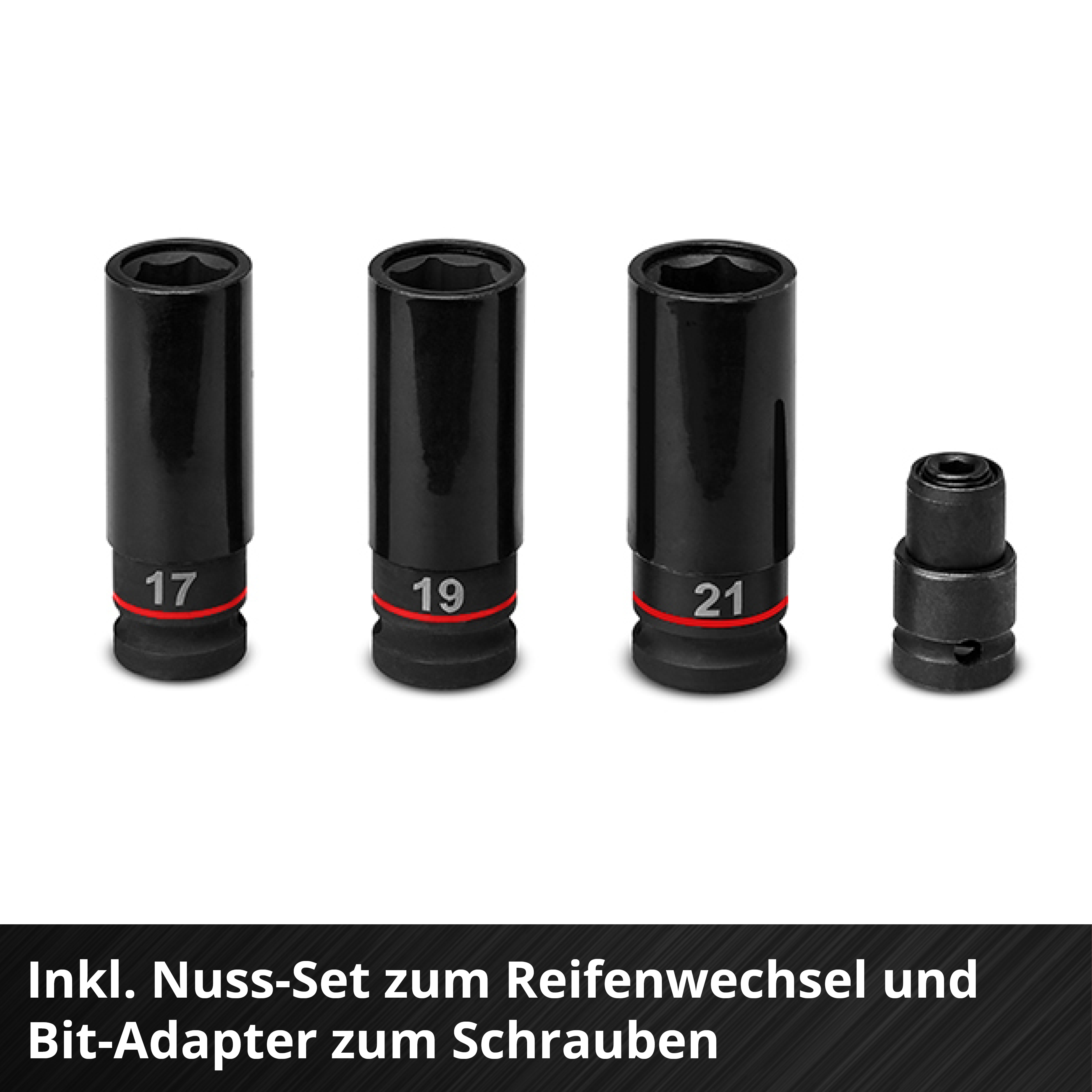 Vier schwarze Steckschlüssel. Drei haben die Nummern 17, 19 und 21. Text unten: 'Nuss-Set zum Reifenwechsel und Bit-Adapter'.